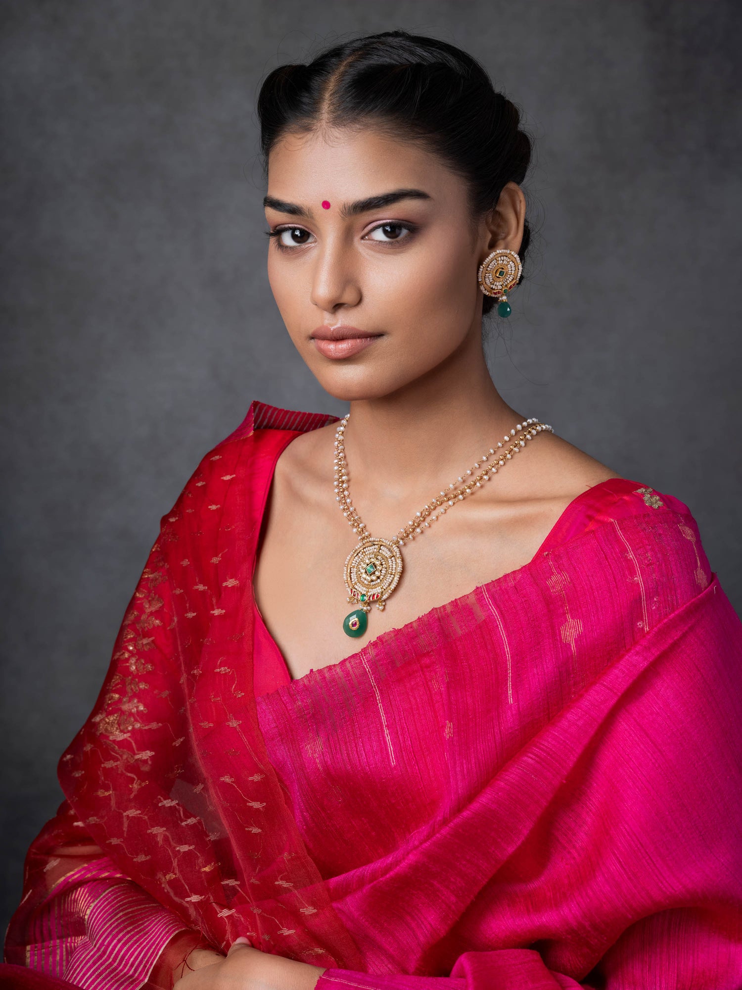 Dainty & Intricate Pearl & Kundan Silver Pendant Set