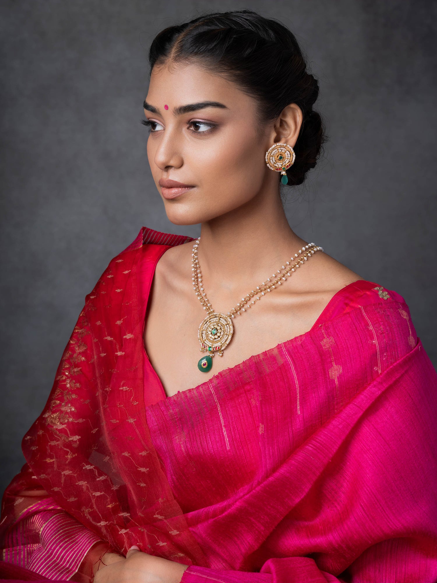 Dainty & Intricate Pearl & Kundan Silver Pendant Set