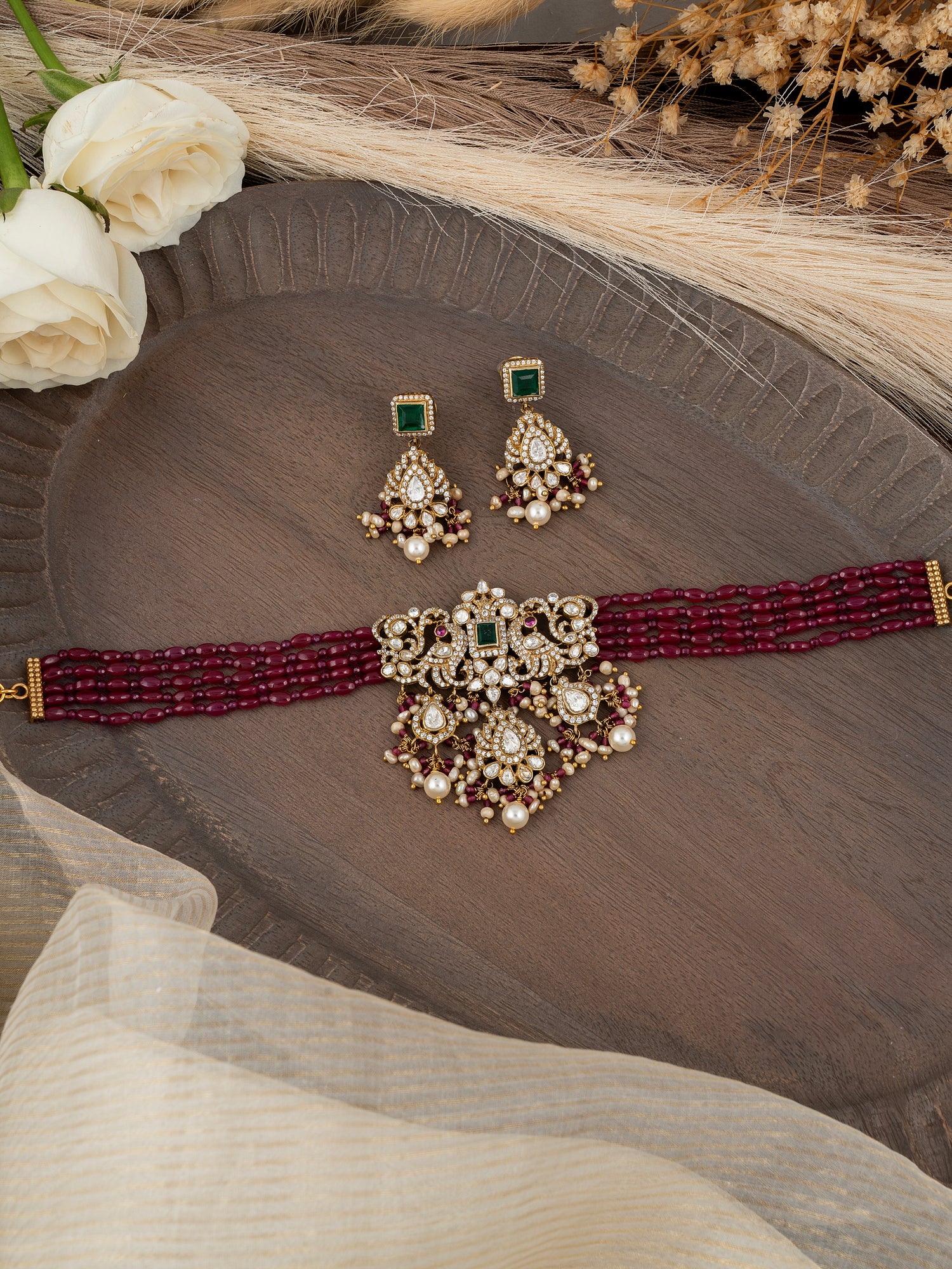 Polki & Diamond Choker Set with Freshwater Pearls | 92.5 Silver with Premium Gold Plating