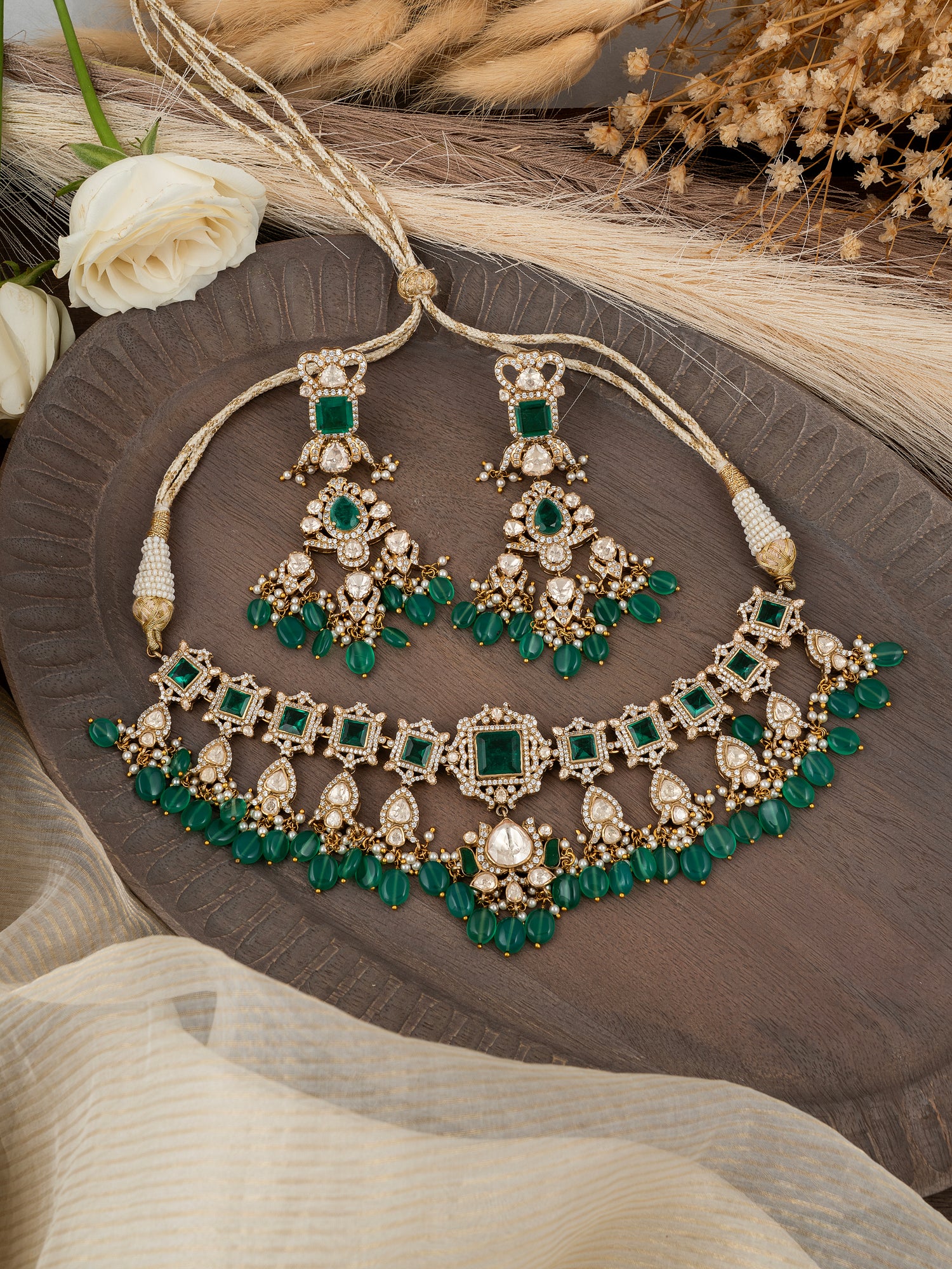 Onyx and Polki Bridal Set | 92.5 Silver with Premium Gold Plating