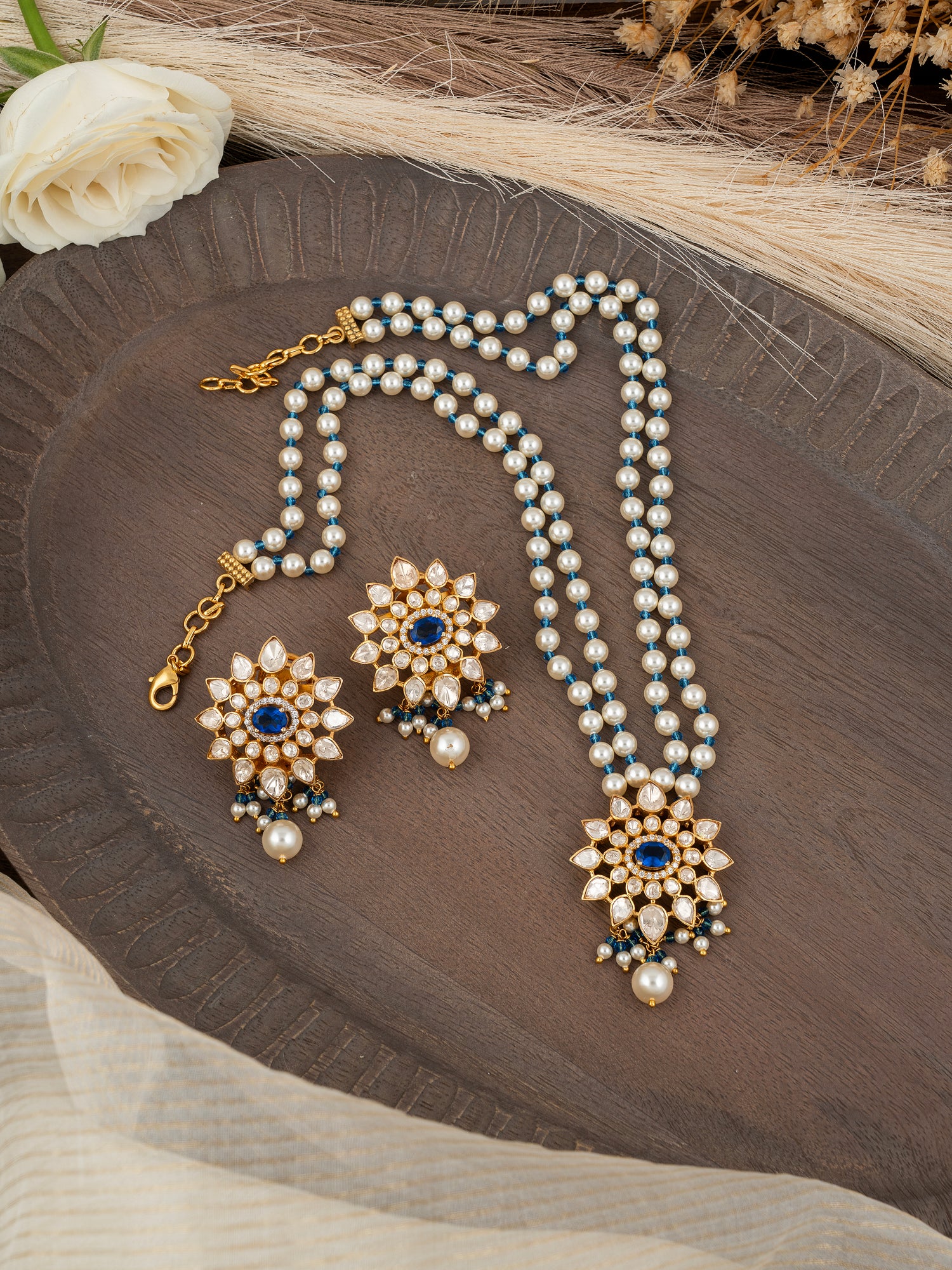 Blue Sapphire Floral Pendent Set | 92.5 Silver with Premium Gold Plating