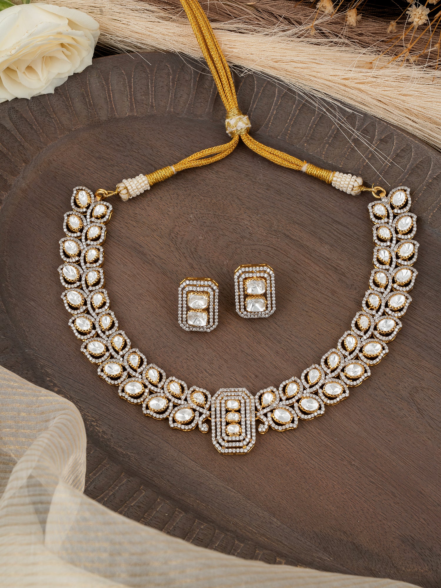 White colour Polki & Diamond Necklace Set | 92.5 Silver with Premium Gold Plating