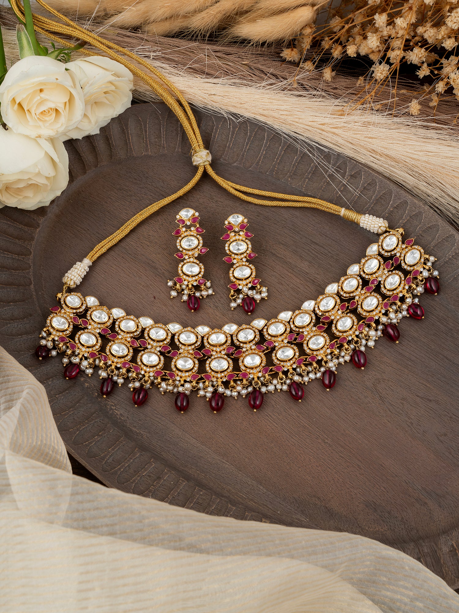 Ruby Stone Polki & Diamond Necklace Set | 92.5 Silver with Premium Gold Plating