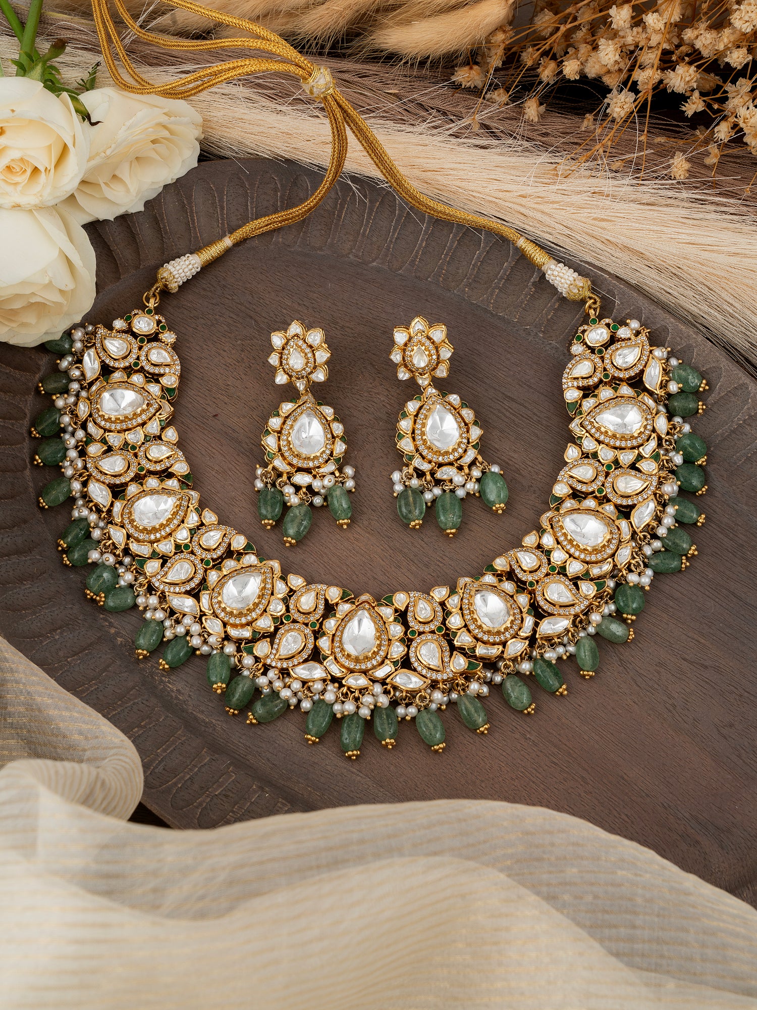 Aventurine Polki & Diamond Necklace Set | 92.5 Silver with Premium Gold Plating