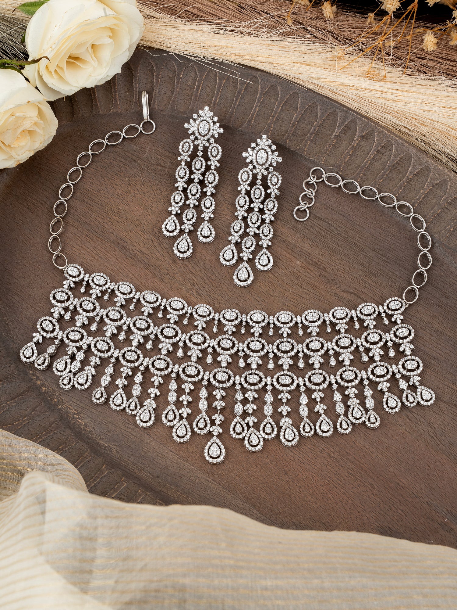 92.5 Silver Diamond-Set Necklace & Earrings – Silver Plated Bridal Jewelry
