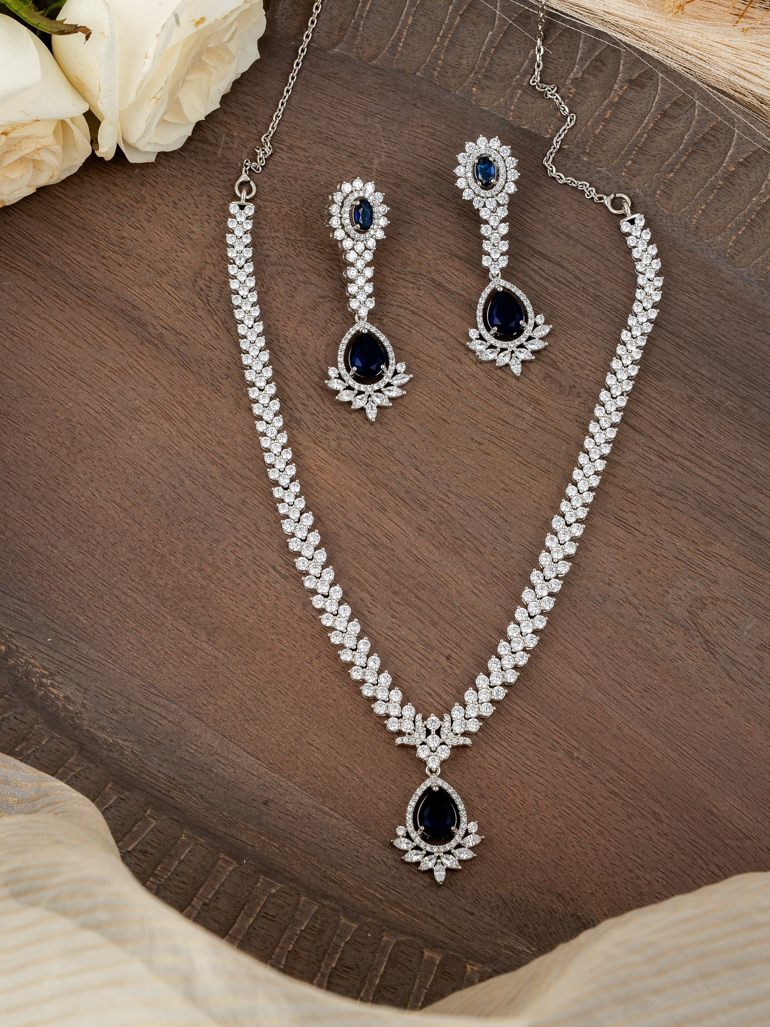 92.5 Silver Necklace Set with Blue Jade & Cubic Zirconia – Silver Plated