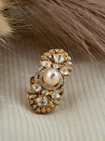 Diamond & Polki Ring with Freshwater Pearl - 92.5 Silver Gold Plated
