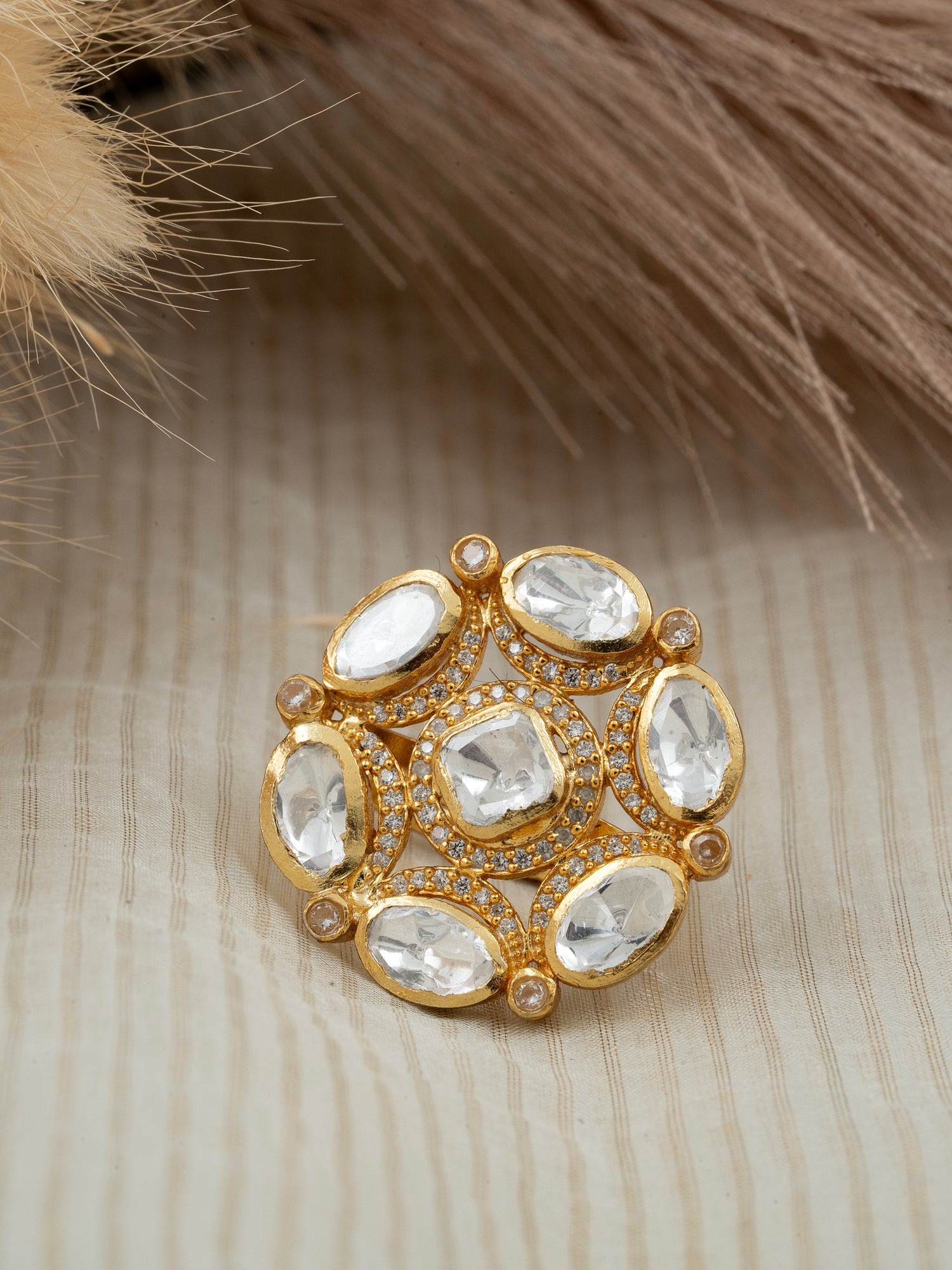 Diamond & Polki Silver Ring - 92.5 Silver Gold Plated