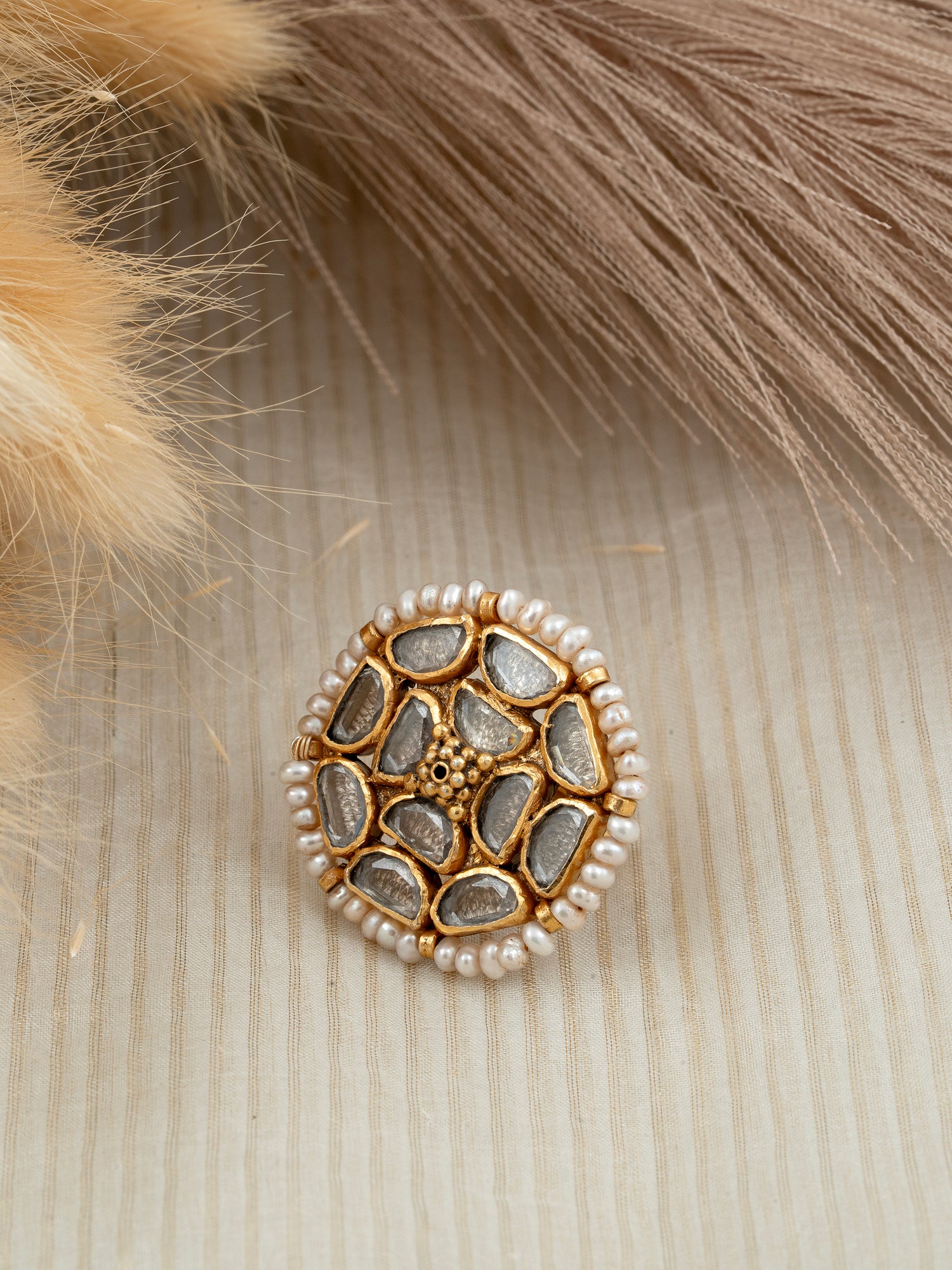Jadau Kundan Adjustable Ring with Freshwater Pearls – 92.5 Silver Gold Plated