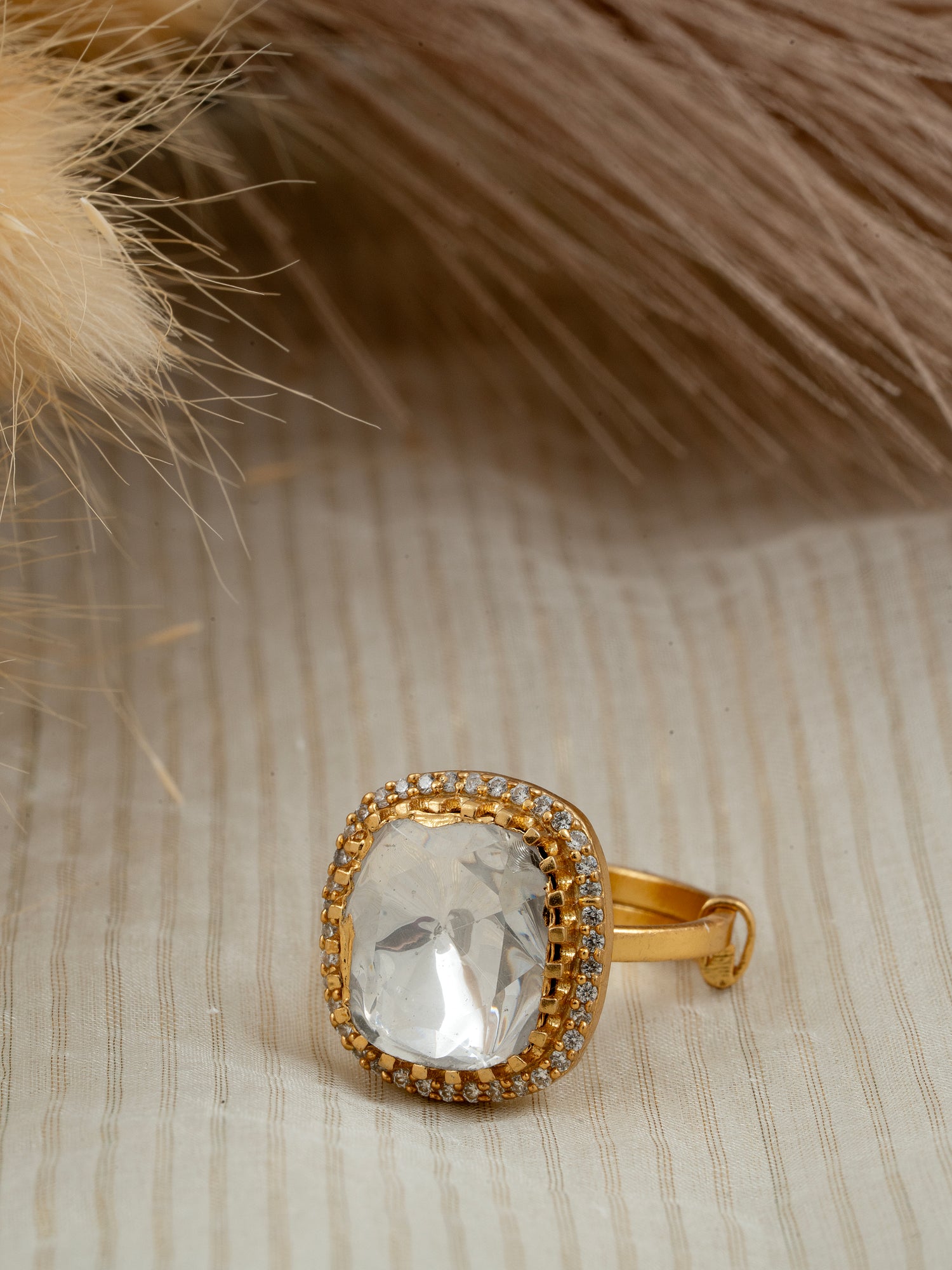 Cubic Zirconia & Polki Adjustable Ring – 92.5 Silver Gold Plated