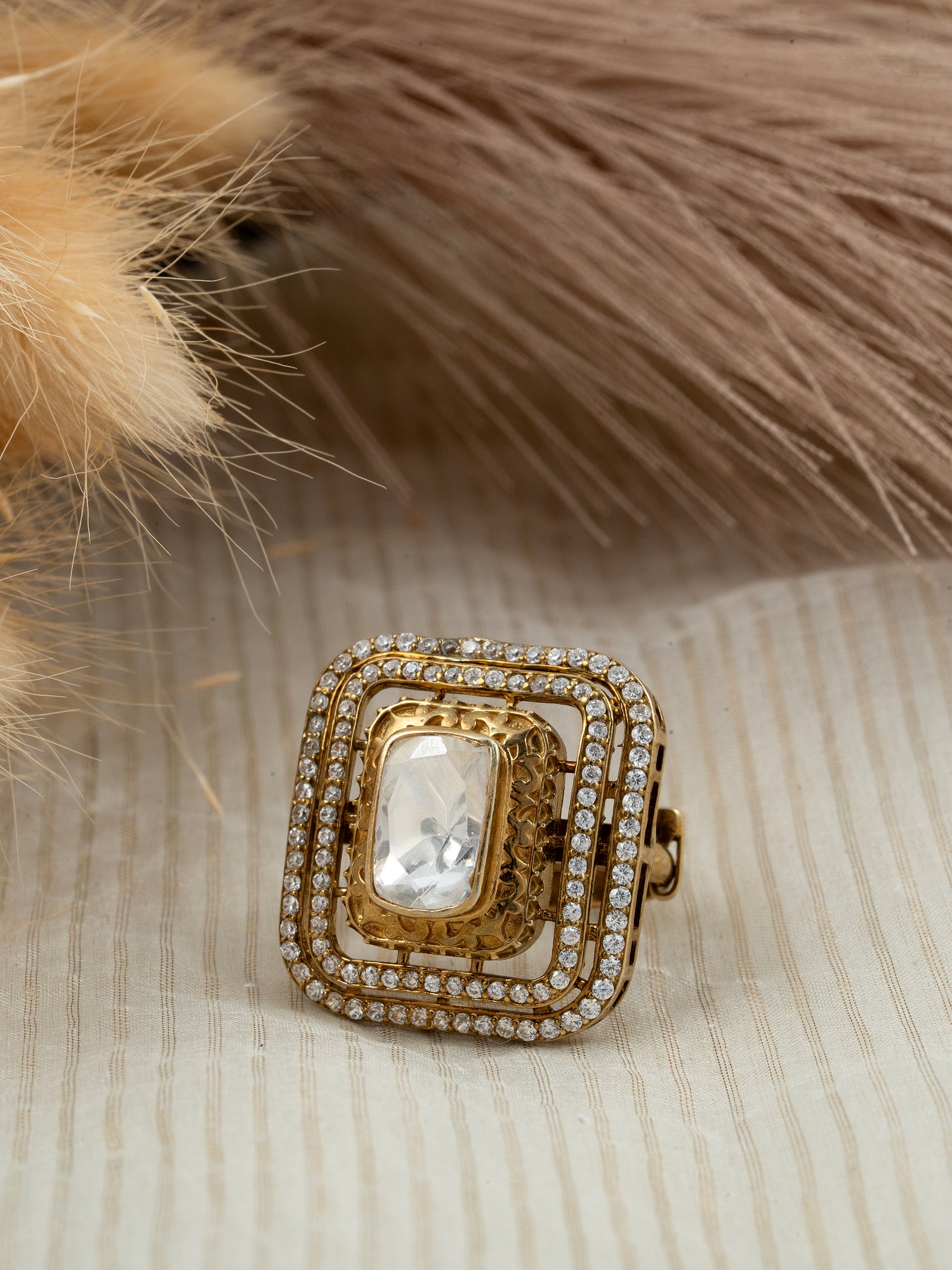 Cubic Zirconia & Moissanite Adjustable Ring – 92.5 Silver Gold Plated