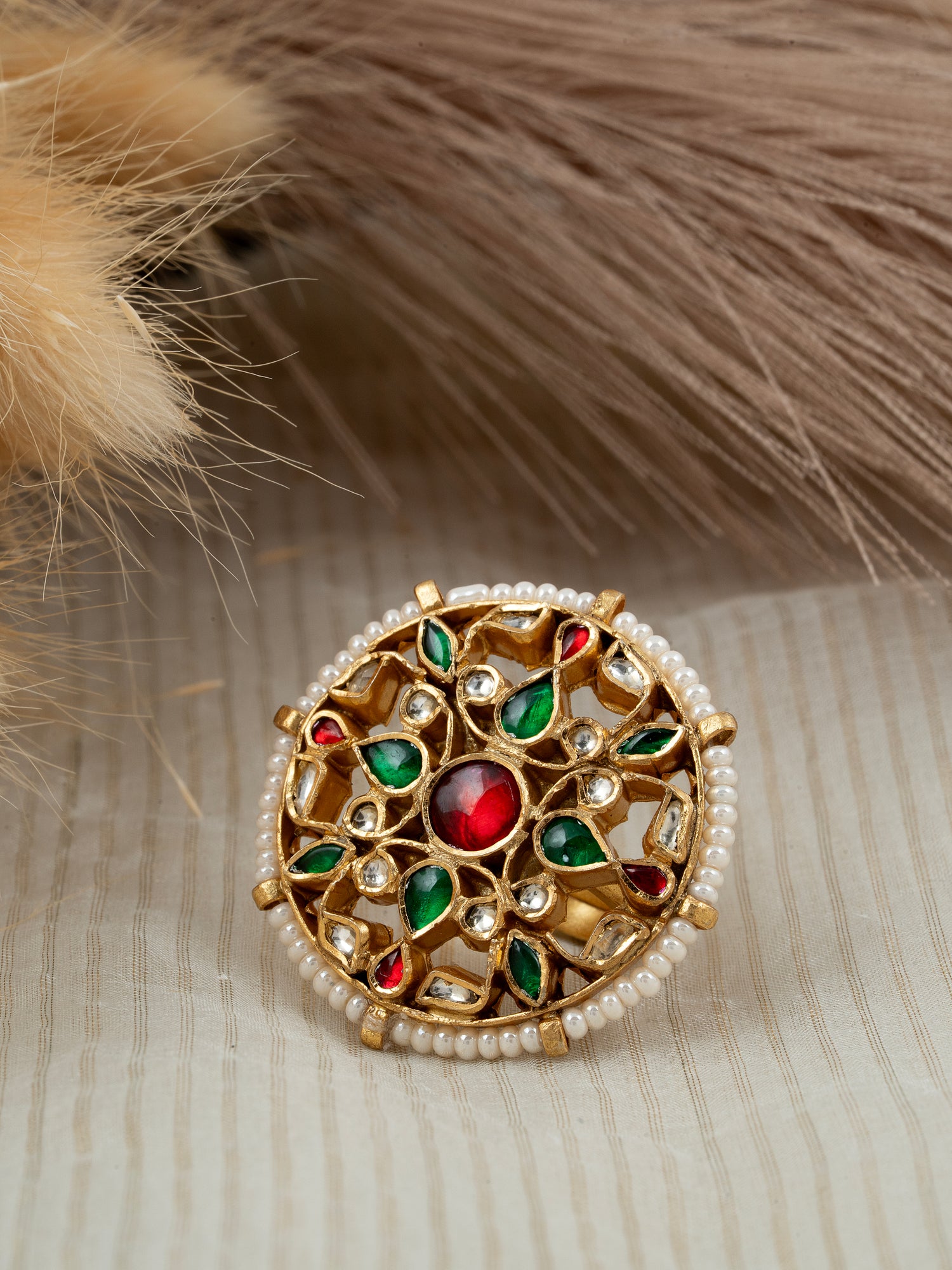 Jadau Kundan Adjustable Ring with Freshwater Pearls – 92.5 Silver Gold Plated