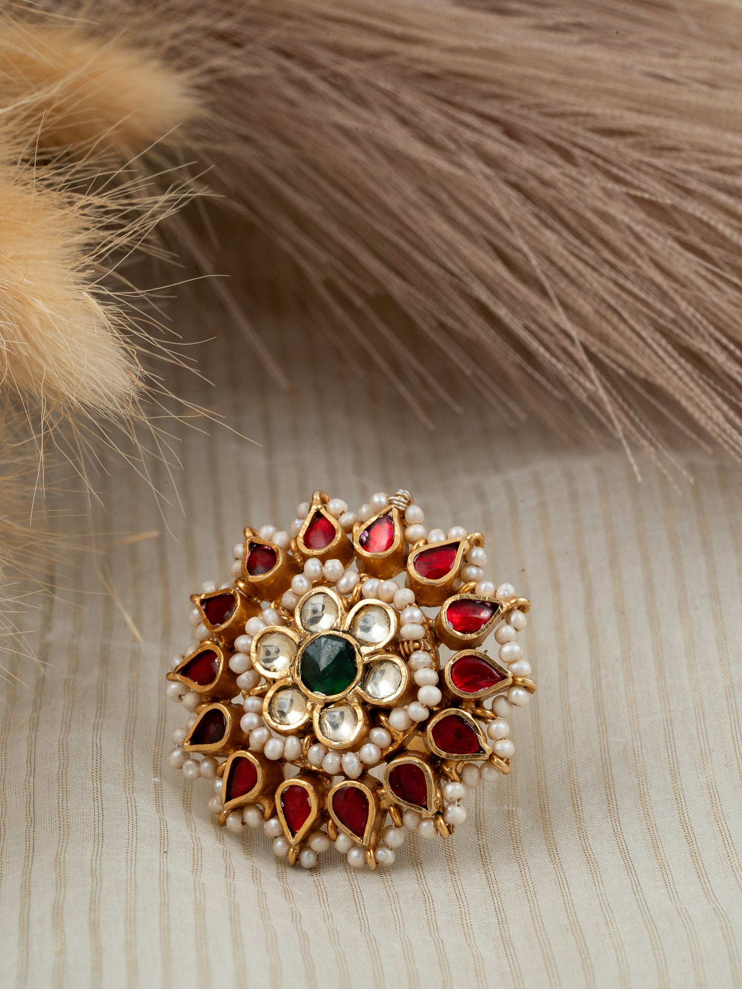 Jadau Kundan & Freshwater Pearl Adjustable Ring – 92.5 Silver Gold Plated