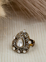 Diamond & Polki Ring – 92.5 Silver Antique Gold Plated