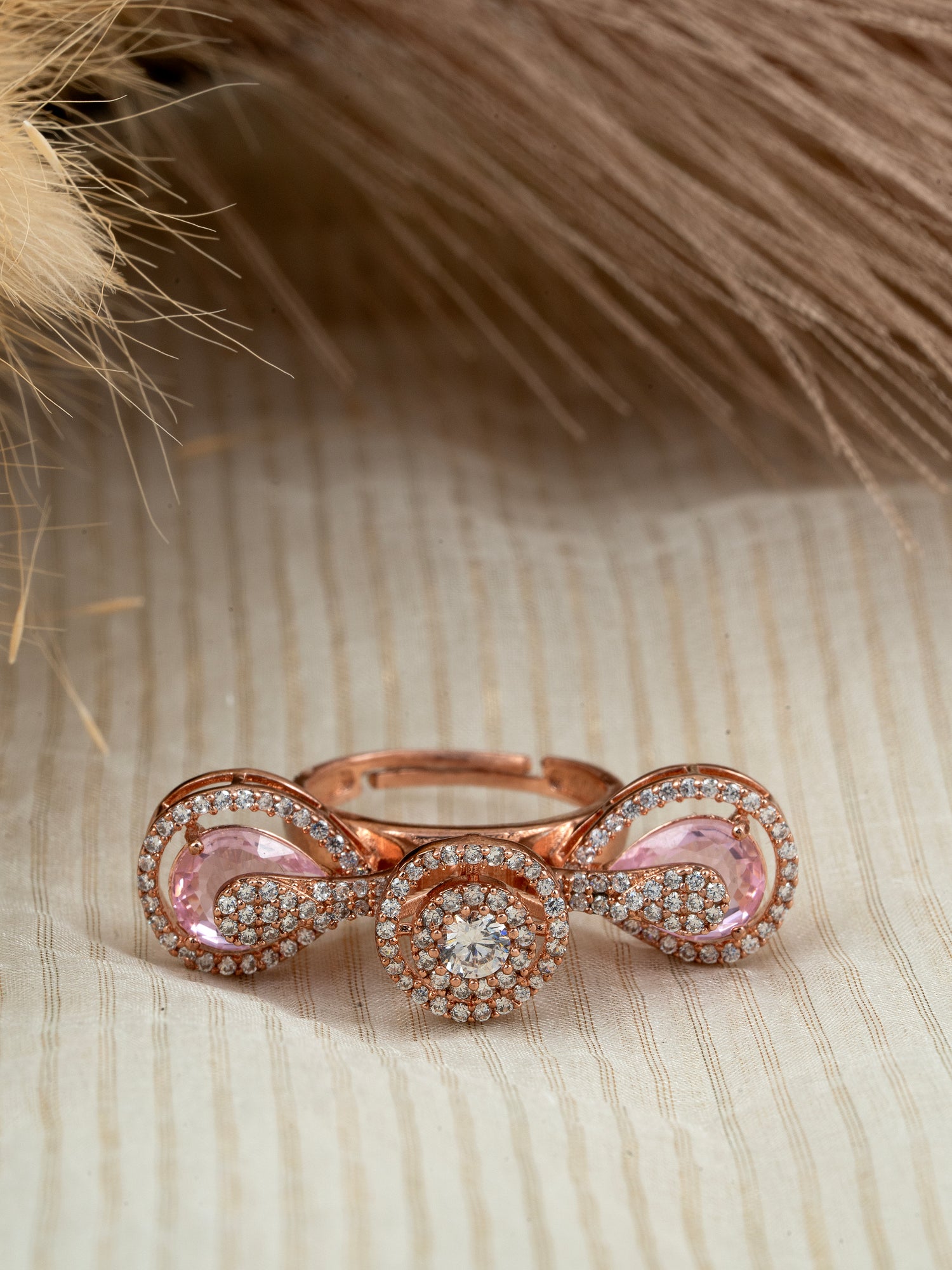 92.5 Silver Adjustable Ring with Diamond & Cubic Zirconia – Rose Gold Plated Elegance