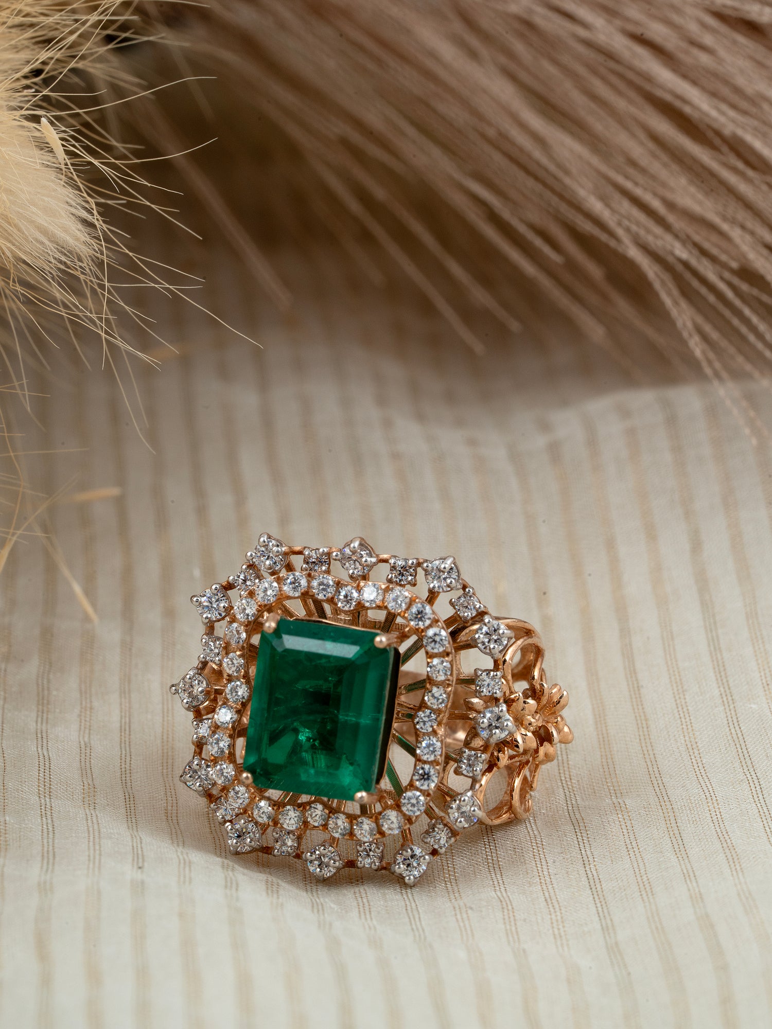 92.5 Silver Adjustable Ring with Cubic Zirconia, Moissanite & Green Onyx – Gold Plated Elegance