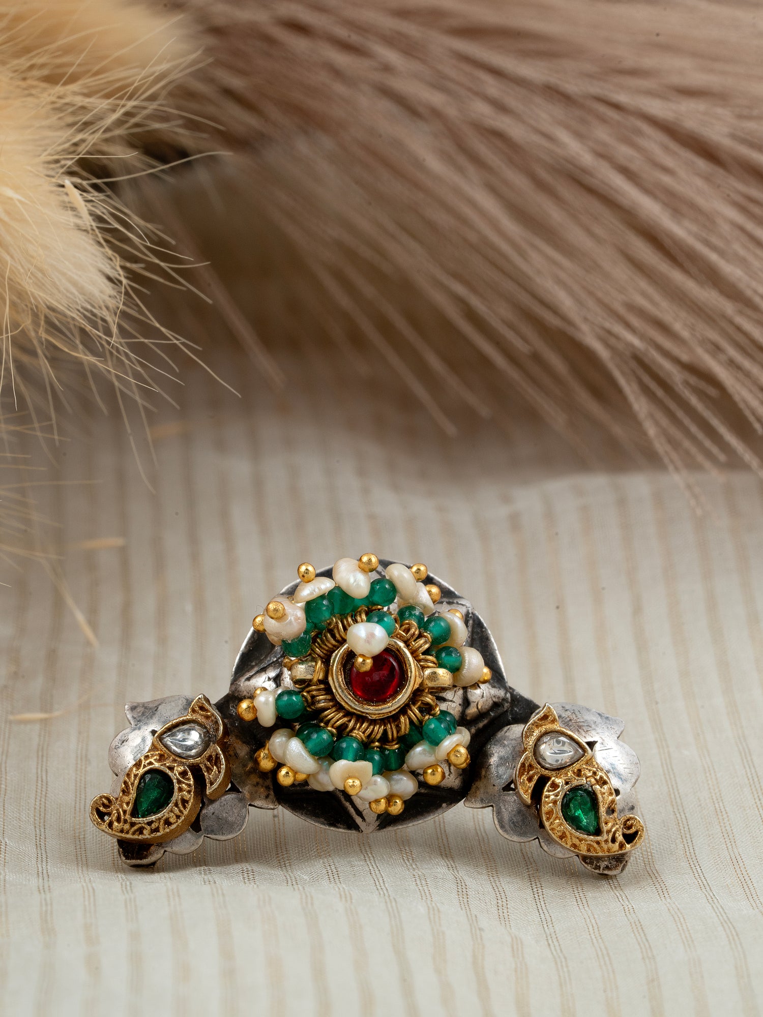 Jadau Kundan Adjustable Ring with Freshwater Pearls – 92.5 Silver Gold Plated