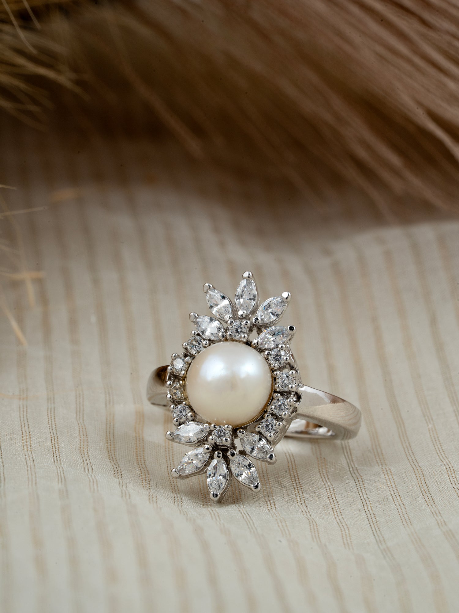 92.5 Silver Adjustable Ring with Diamond & Freshwater Pearls – Gold Plated Elegance