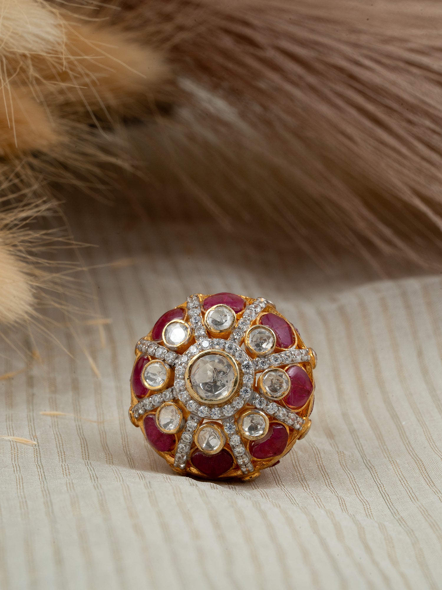 92.5 Silver Adjustable Ring with Moissanite Polki & Freshwater Pearls – Gold Plated