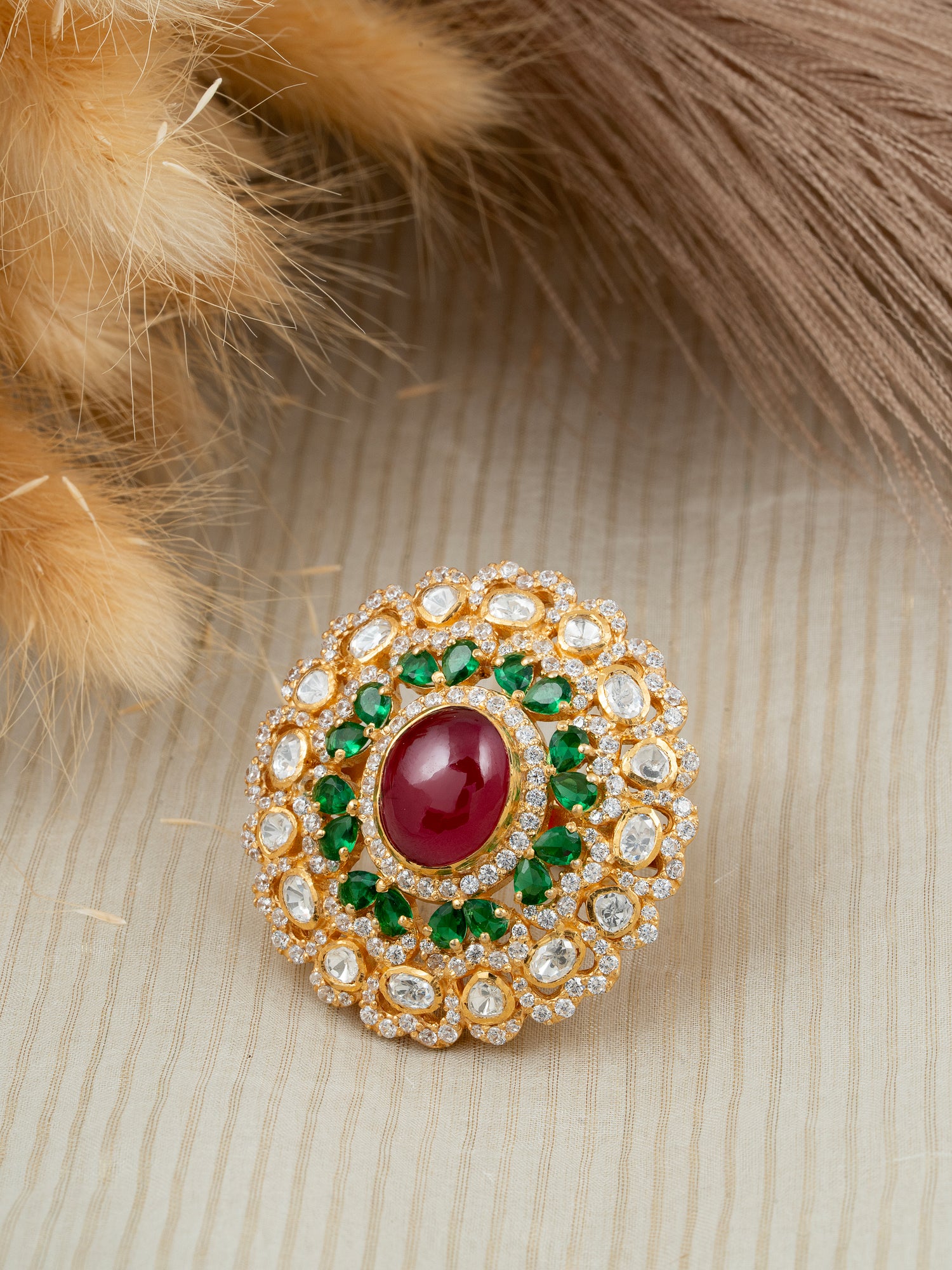 92.5 Silver Adjustable Ring with Moissanite Polki & Freshwater Pearls – Gold Plated