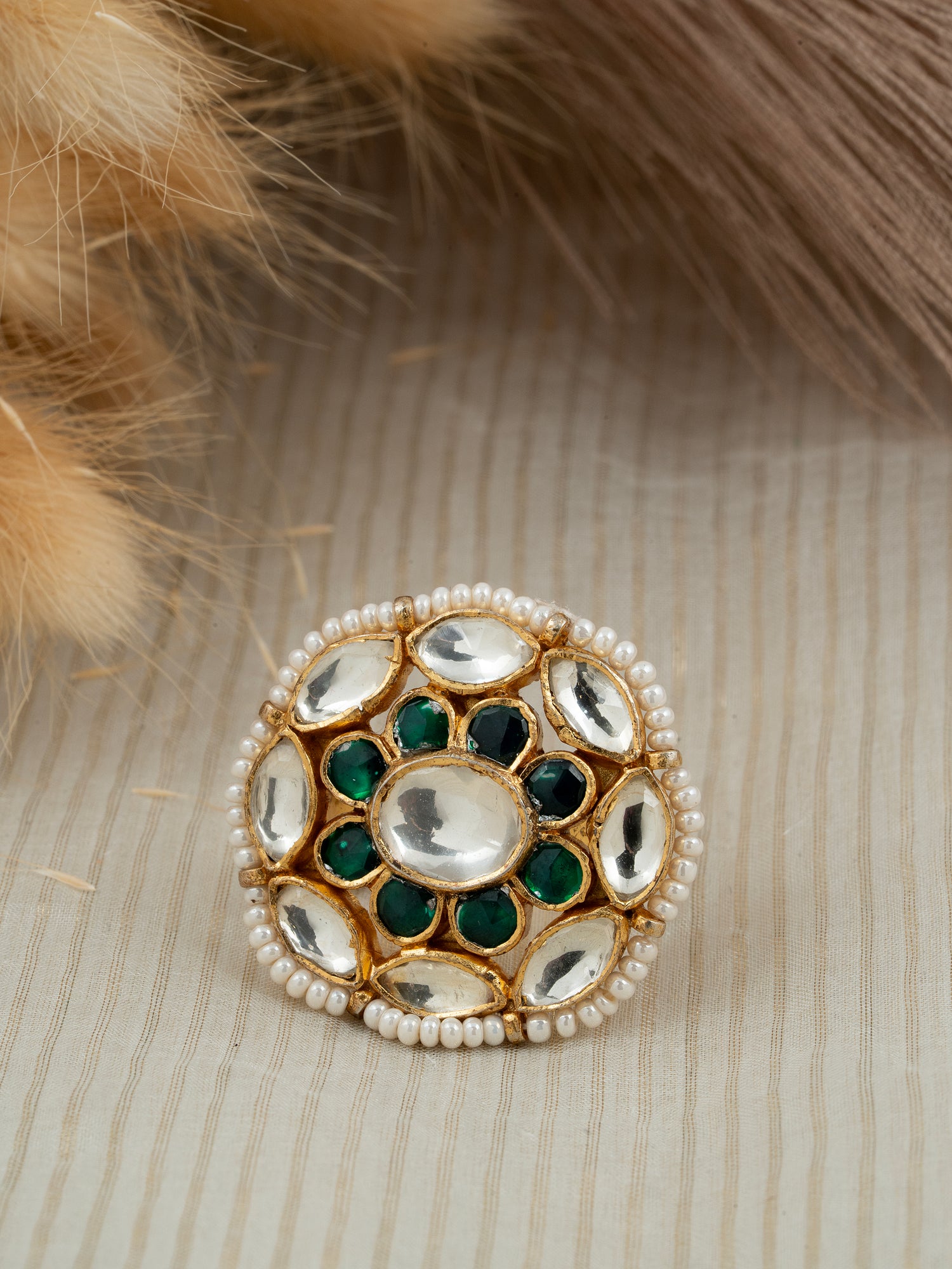 Jadau Kundan Adjustable Ring with Freshwater Pearls – 92.5 Silver Gold Plated
