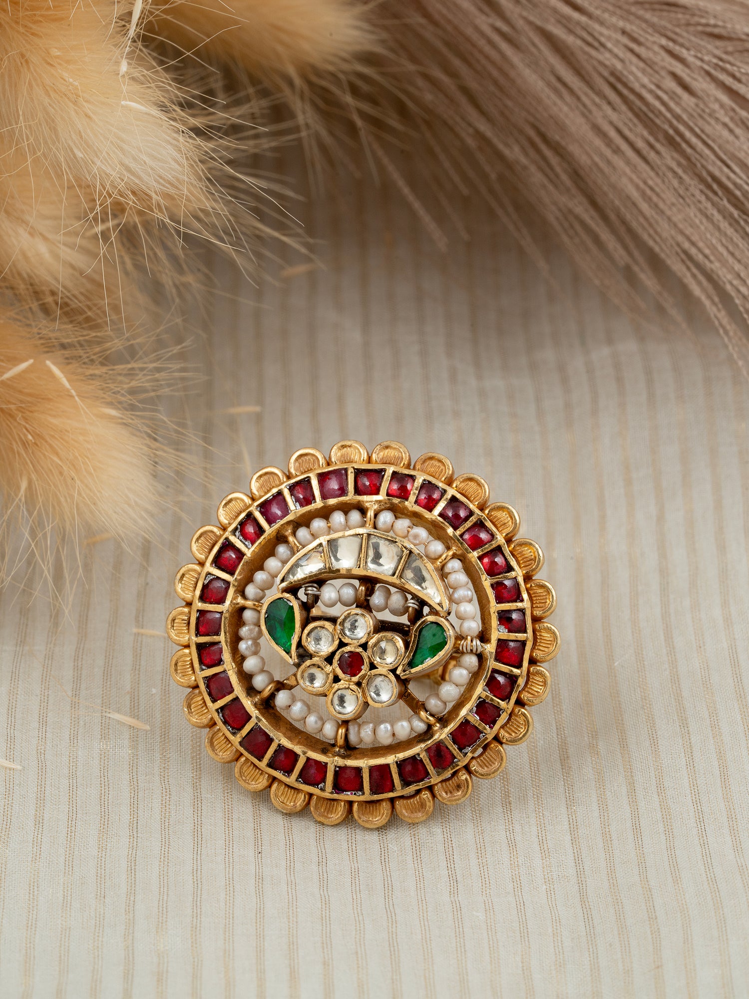 Jadau Kundan Adjustable Ring with Freshwater Pearls – 92.5 Silver Gold Plated
