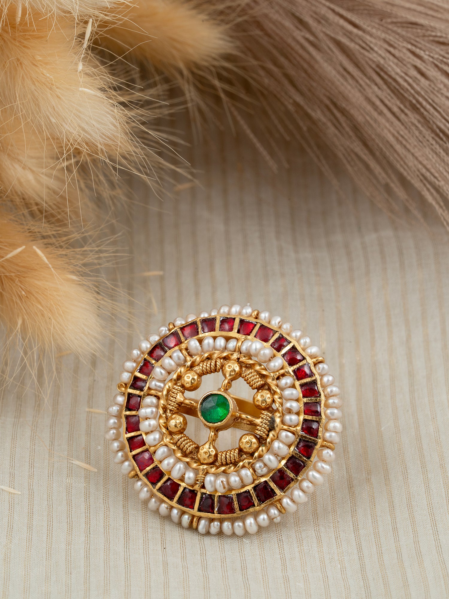 Jadau Kundan Adjustable Ring with Freshwater Pearls – 92.5 Silver Gold Plated