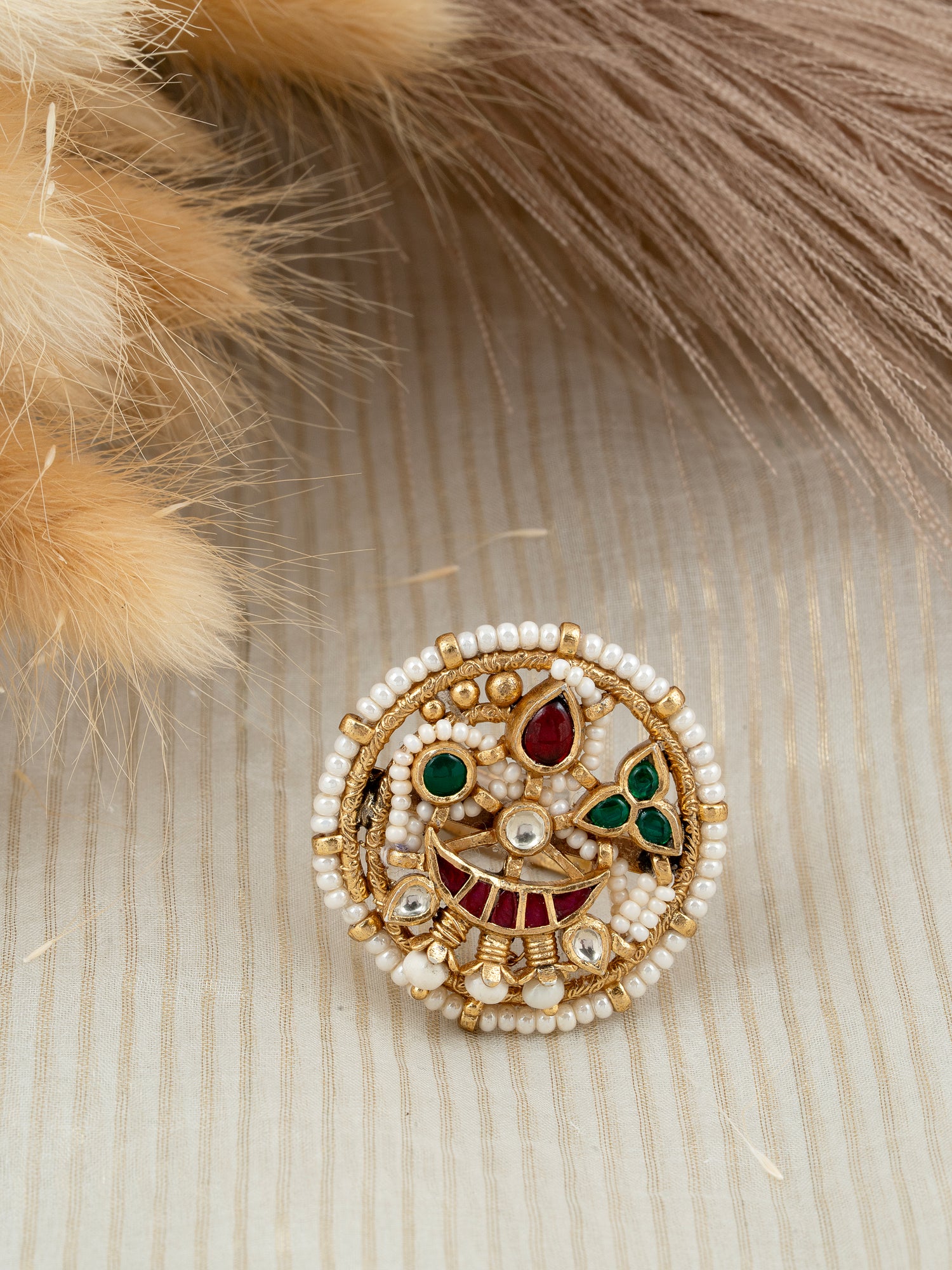 Jadau Kundan Adjustable Ring with Freshwater Pearls – 92.5 Silver Gold Plated