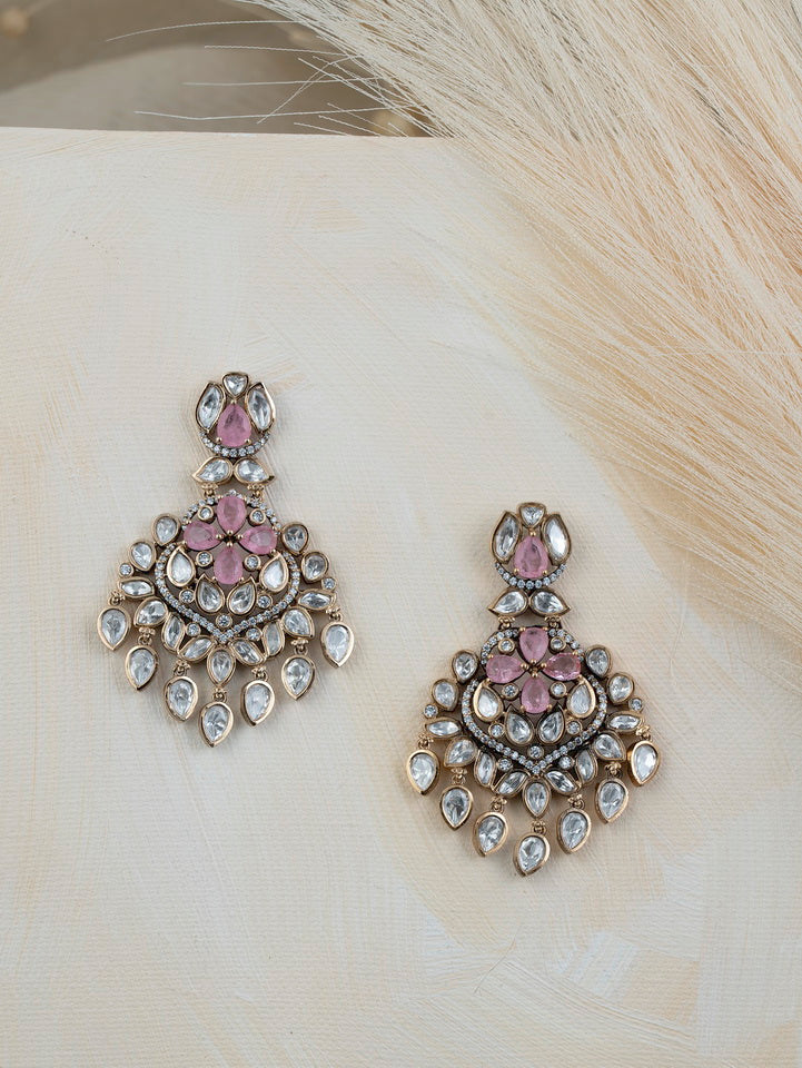 Jadau Imitation Earrings with Pink & White Stones