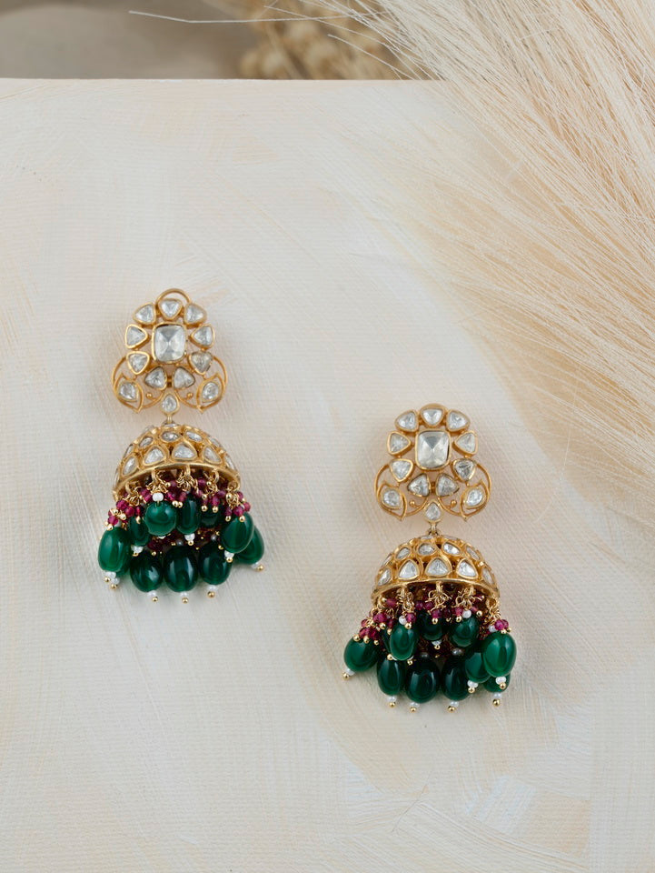 Jadau Imitation Diamond Danglers with Green Beads –