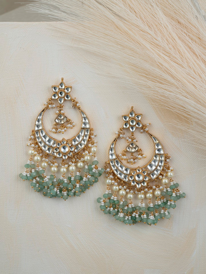 Jadau Imitation Chandbali Earrings with Green Pearls