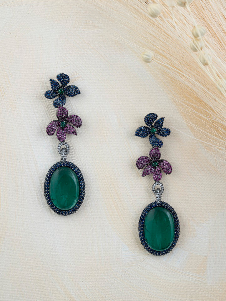 Green Color Silver Plated Faux Diamond Earrings