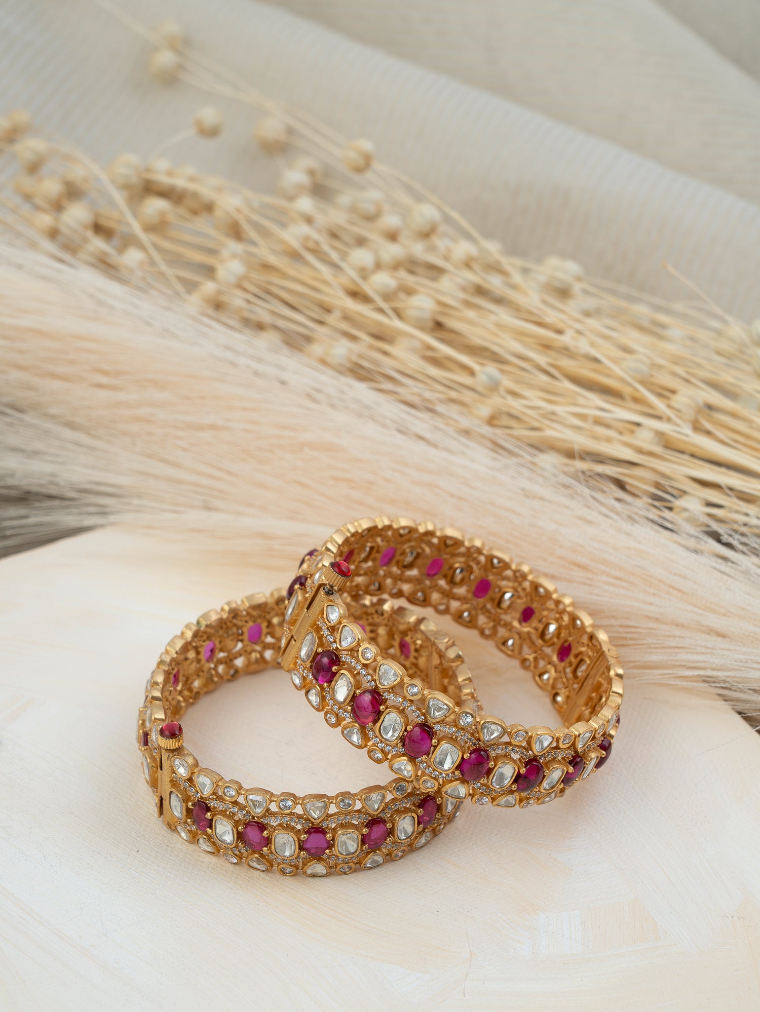 Pink Color Gold Plated Jadau Kundan Bangles