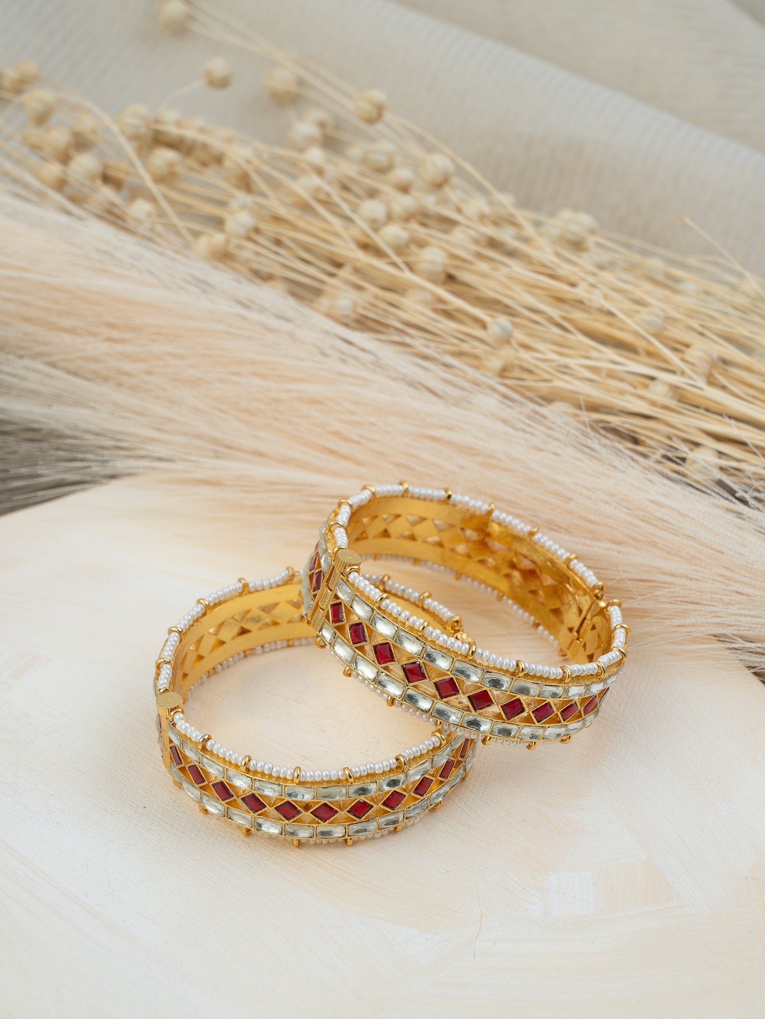 Pink Color Gold Plated Jadau Kundan Bangles