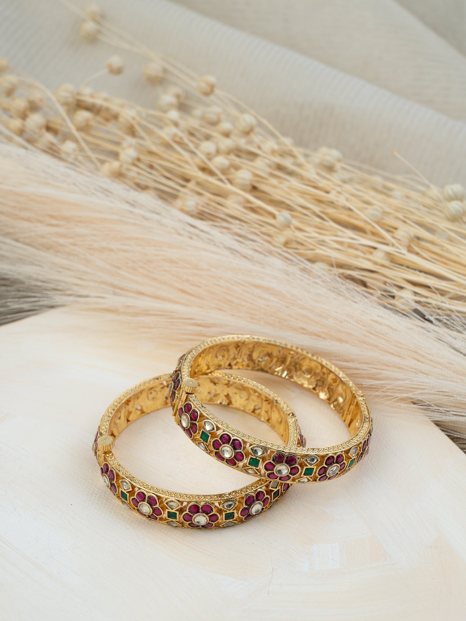 Pink Color Gold Plated Jadau Kundan Bangles