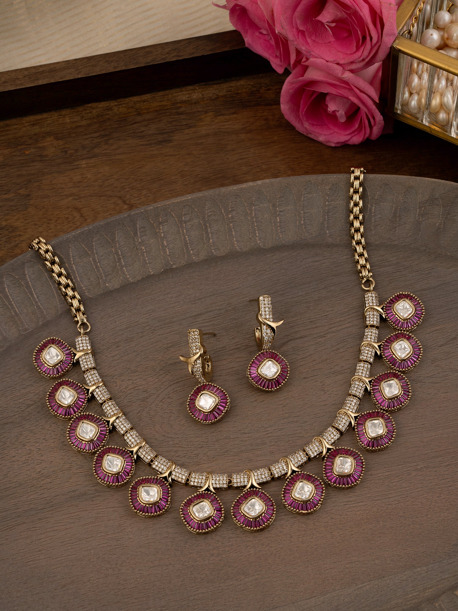 Pink Color Gold Plated Temple Necklace Set