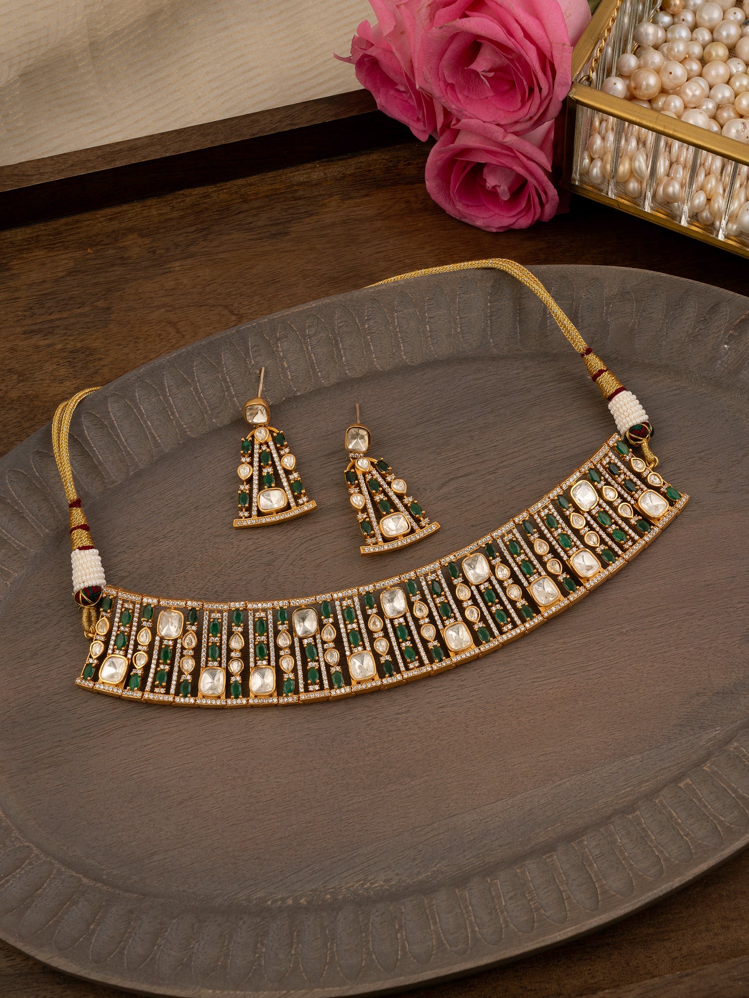 Green Color Gold Plated Contemporary Necklace Set