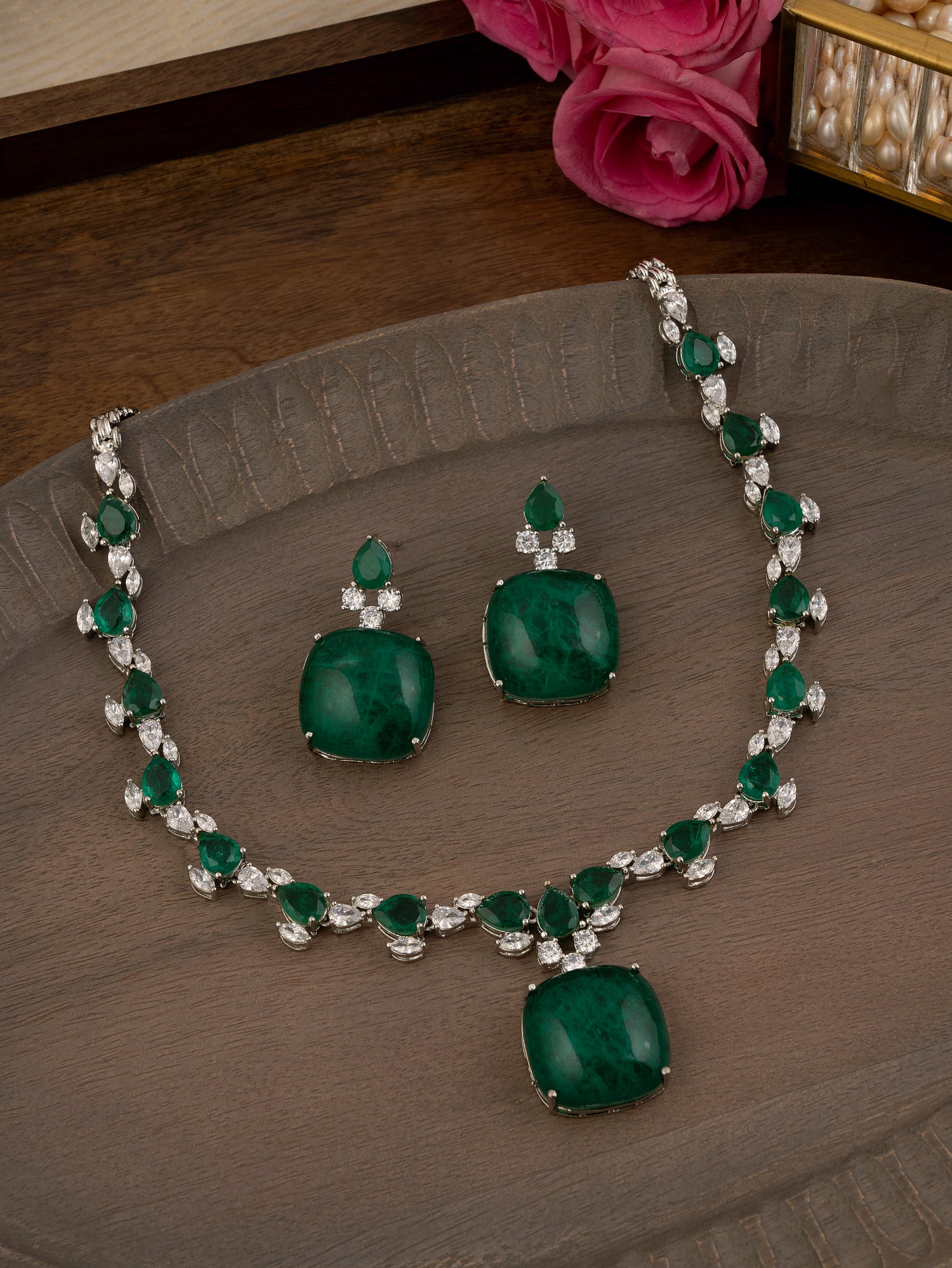 Green Color Silver Plated Faux Diamond Necklace Set