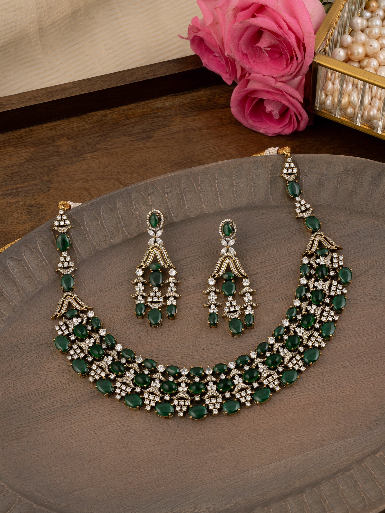 Green Color Gold Plated Moissanite Necklace Set