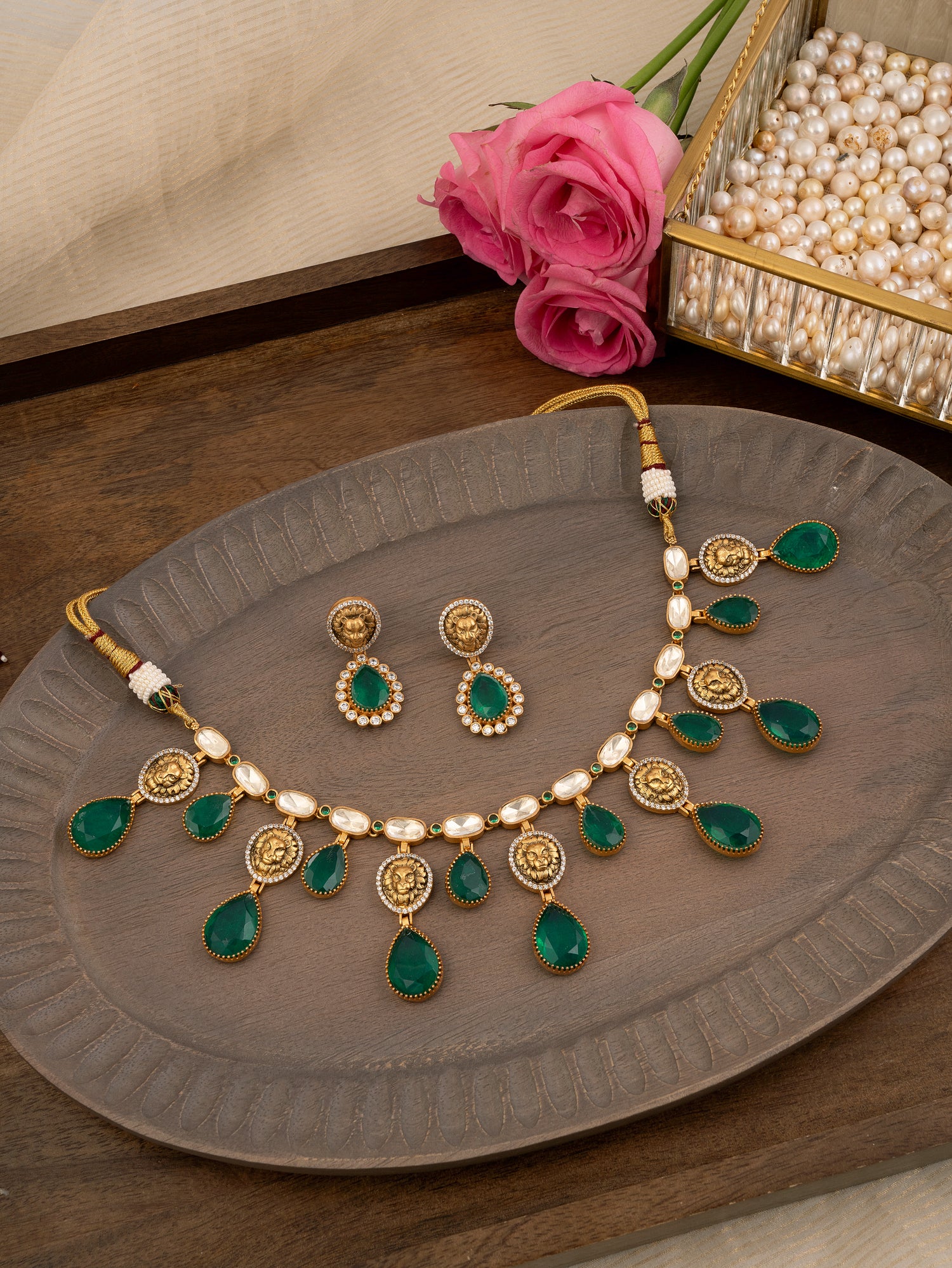Green Color Silver Plated Faux Diamond Necklace Set