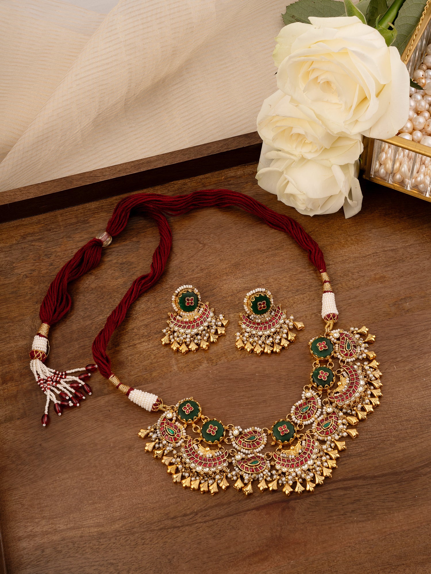 Green Color Gold Plated Jadau Kundan Necklace Set