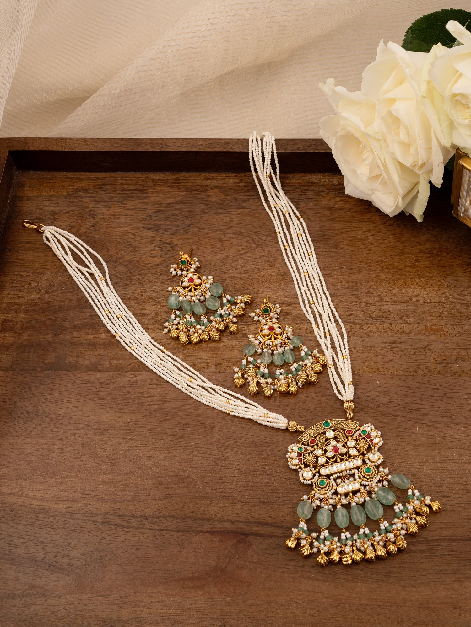 Green Color Gold Plated Jadau Kundan Necklace Set