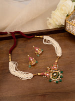 Green Color Gold Plated Jadau Kundan Necklace Set