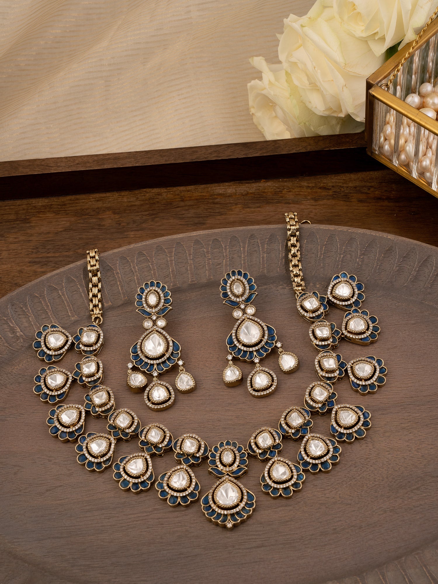 Green Color Gold Plated Moissanite Necklace Set