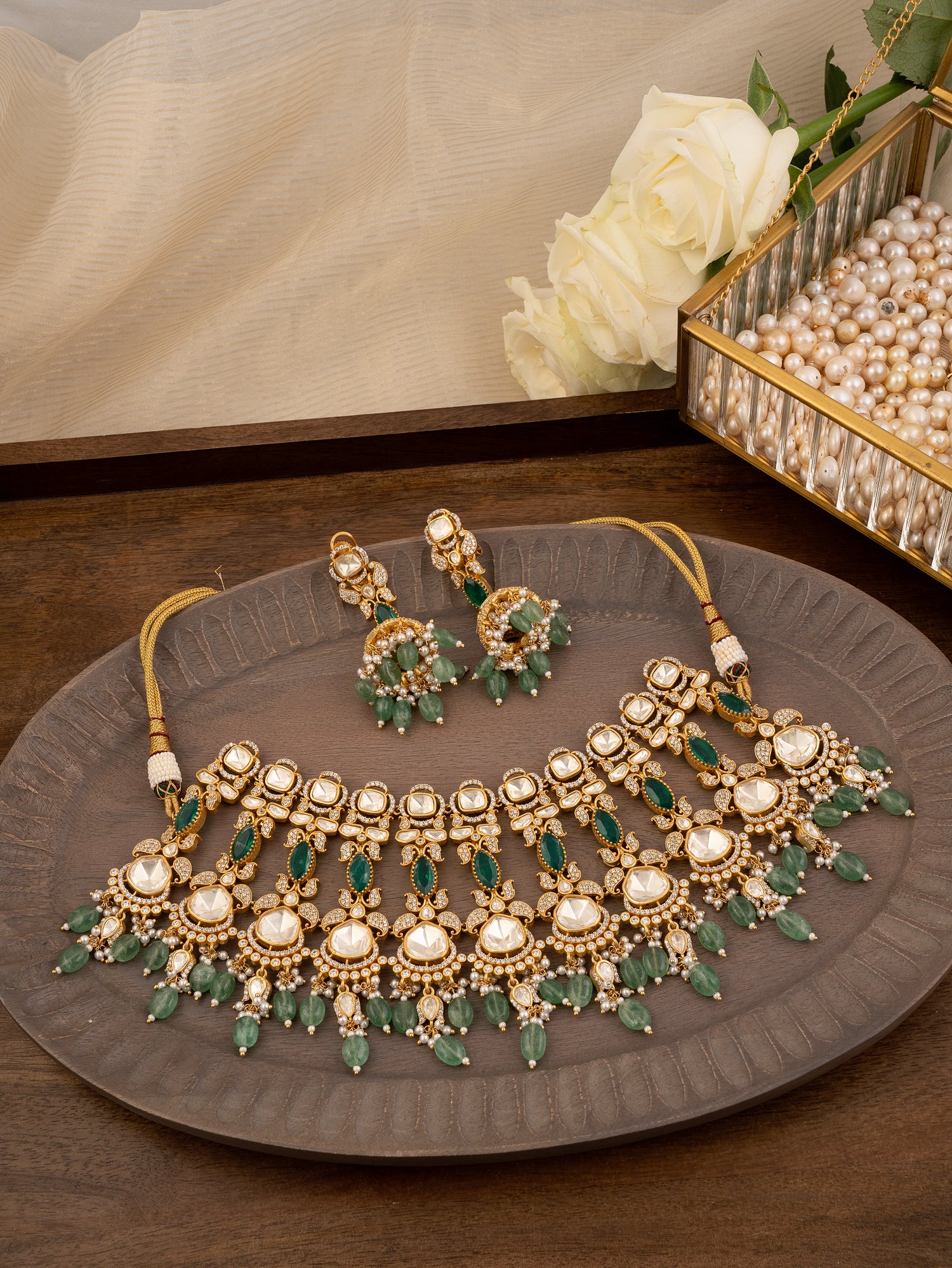 Green Color Gold Plated Faux Polki Necklace Set