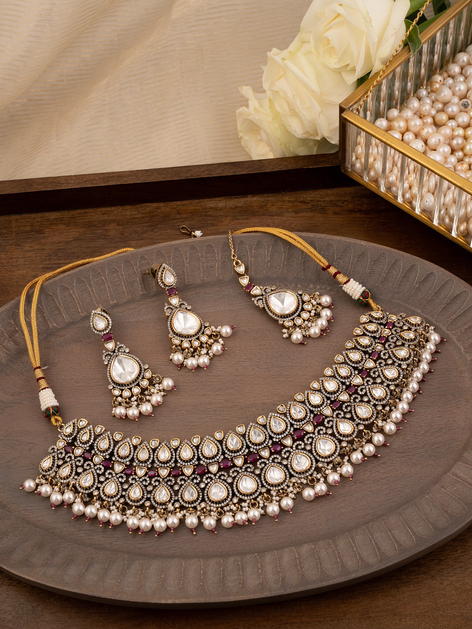 Green Color Gold Plated Moissanite Necklace Set