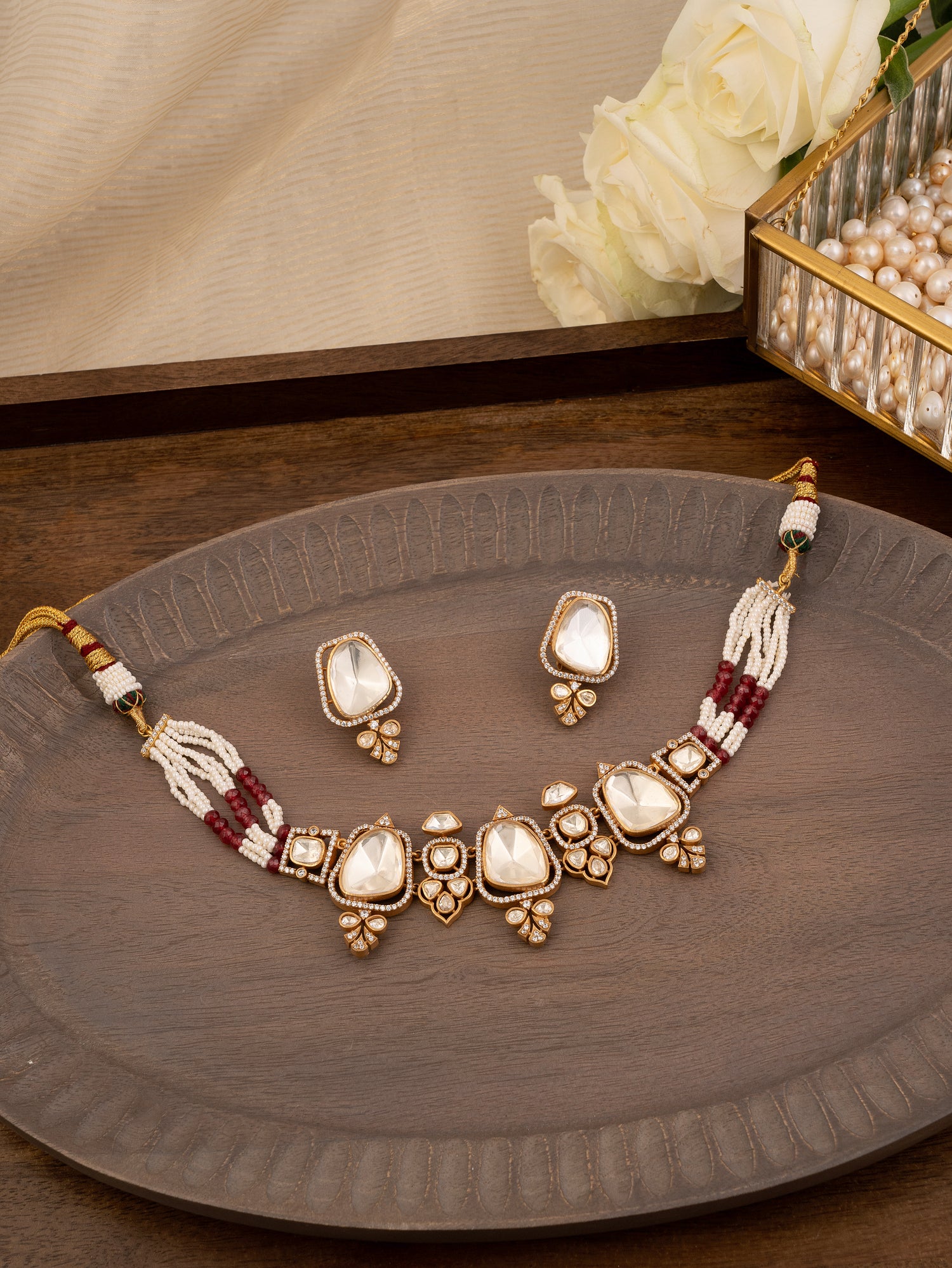 Gold Plated Faux Polki Necklace Set
