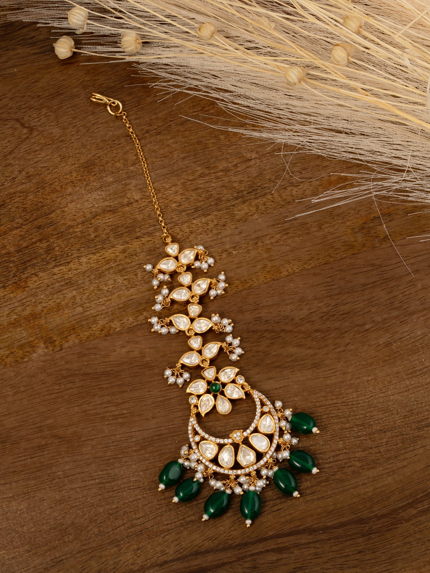 Green Color Gold Plated Jadau Kundan Maangteeka