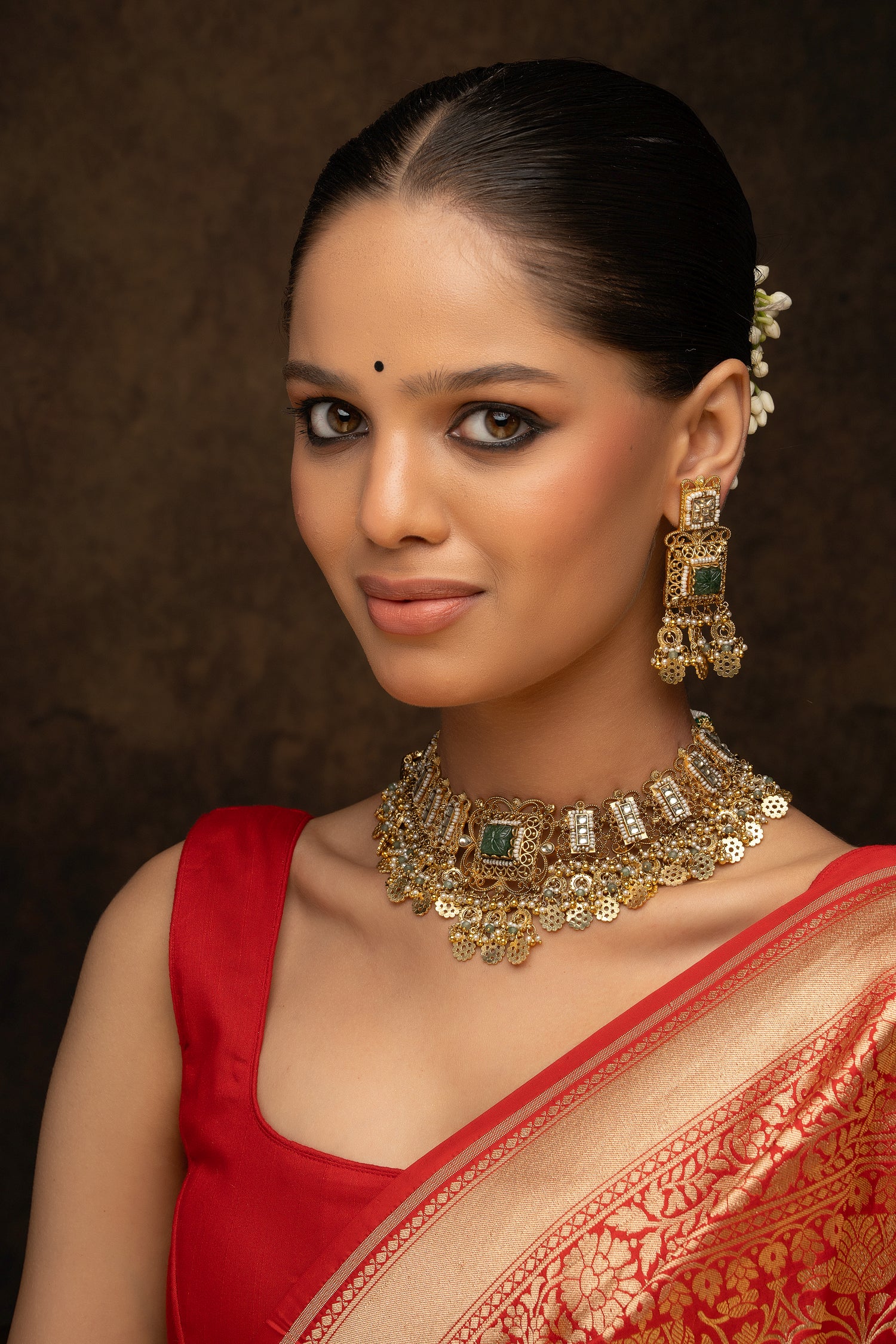 Green color Gold Plated Jadau Kundan Necklace Set