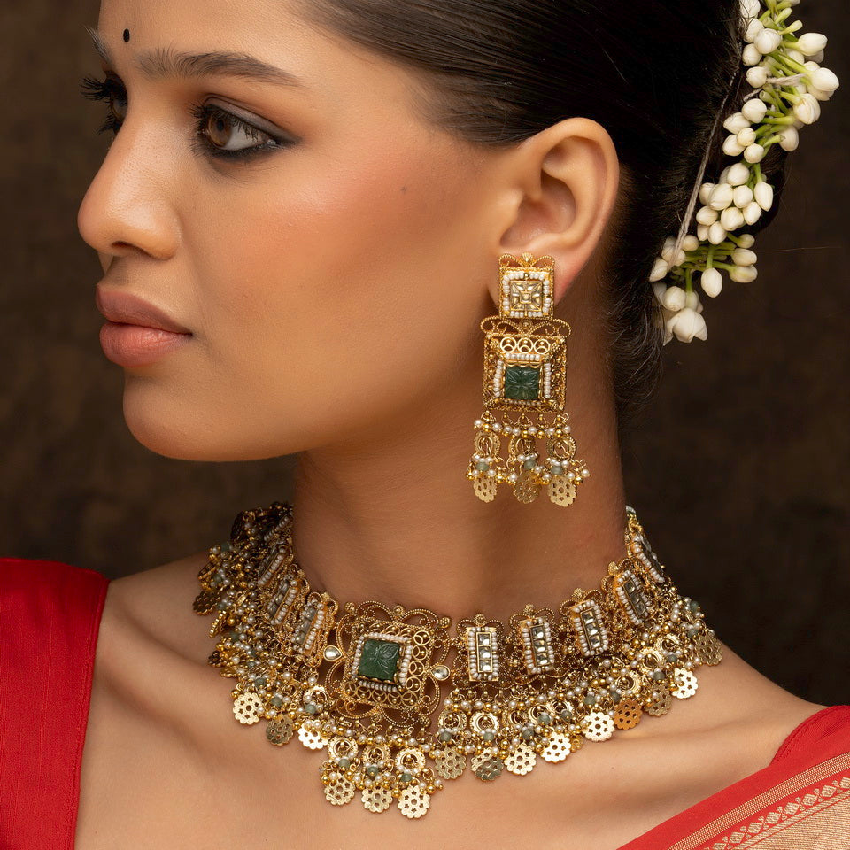Green color Gold Plated Jadau Kundan Necklace Set
